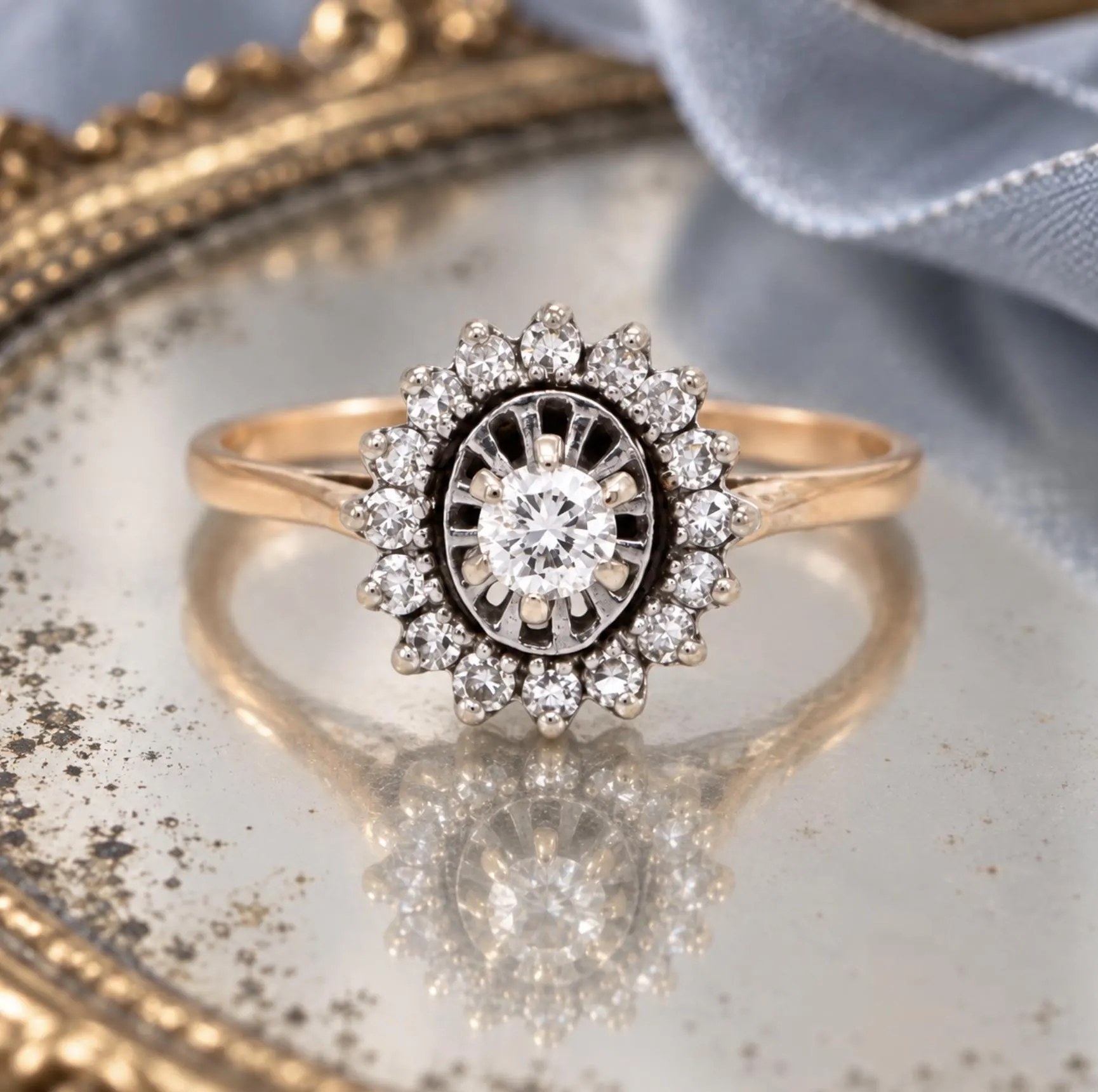 Vintage Diamond Halo Engagement Ring 14k Yellow Gold : Mid-Century Estate Ring