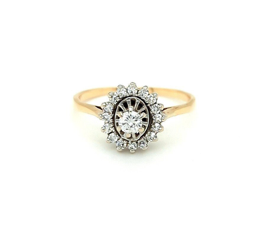 Vintage Diamond Halo Engagement Ring 14k Yellow Gold : Mid-Century Estate Ring