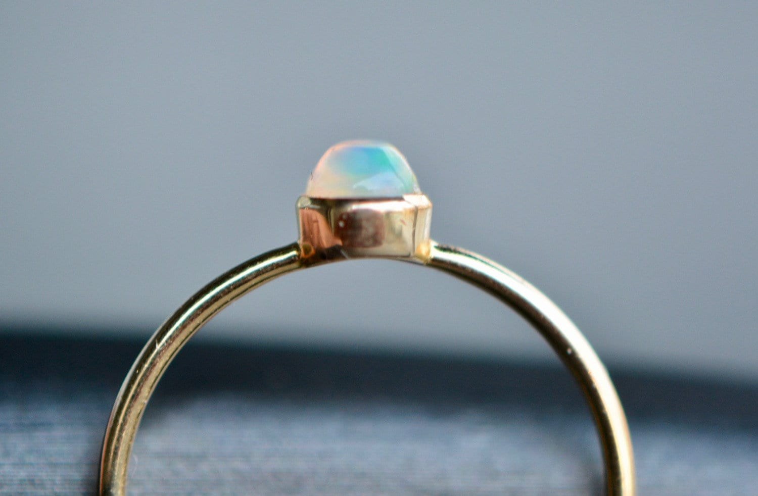 Ethiopian Opal Round Cabochon Ring 14k Solid Gold, October Birthstone, detail view