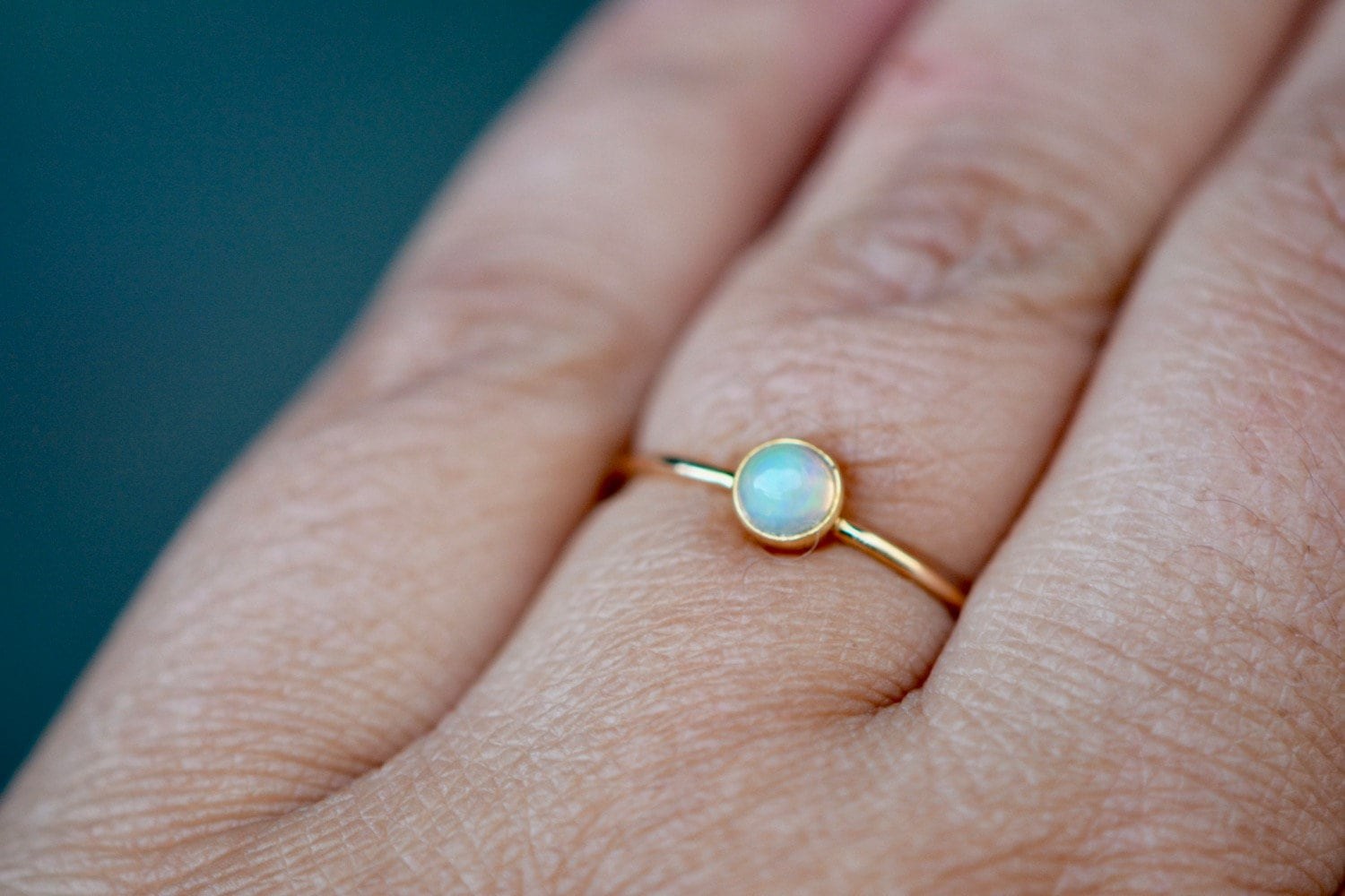 Ethiopian Opal Round Cabochon Ring 14k Solid Gold, October Birthstone