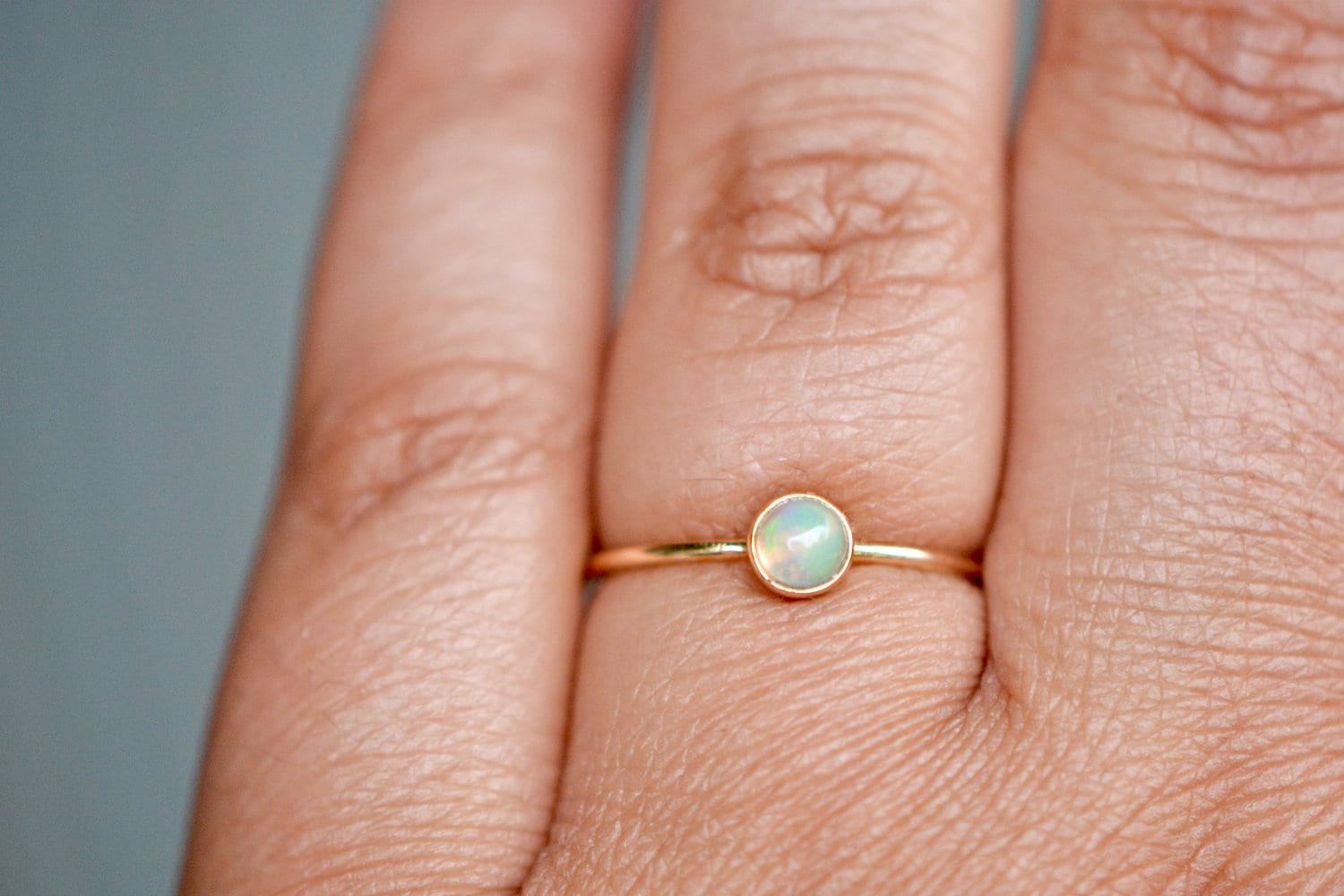 Ethiopian Opal Round Cabochon Ring 14k Solid Gold, October Birthstone, worn view