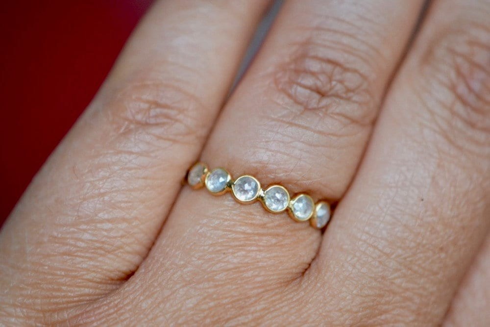 Icy Gray Adjustable Diamond Ring 18k Gold, Stackable Half Eternity Band, Rose Cut Diamond Ring, April Birthstone, Promise Ring, Wedding Ring, worn view