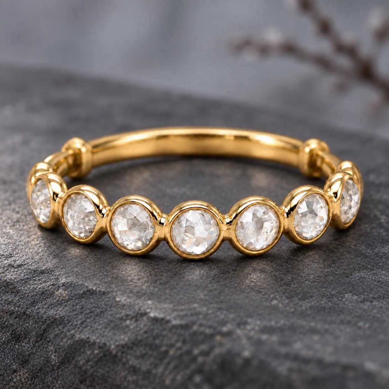 Icy Gray Adjustable Diamond Ring 18k Gold, Stackable Half Eternity Band, Rose Cut Diamond Ring, April Birthstone, Promise Ring, Wedding Ring, main view