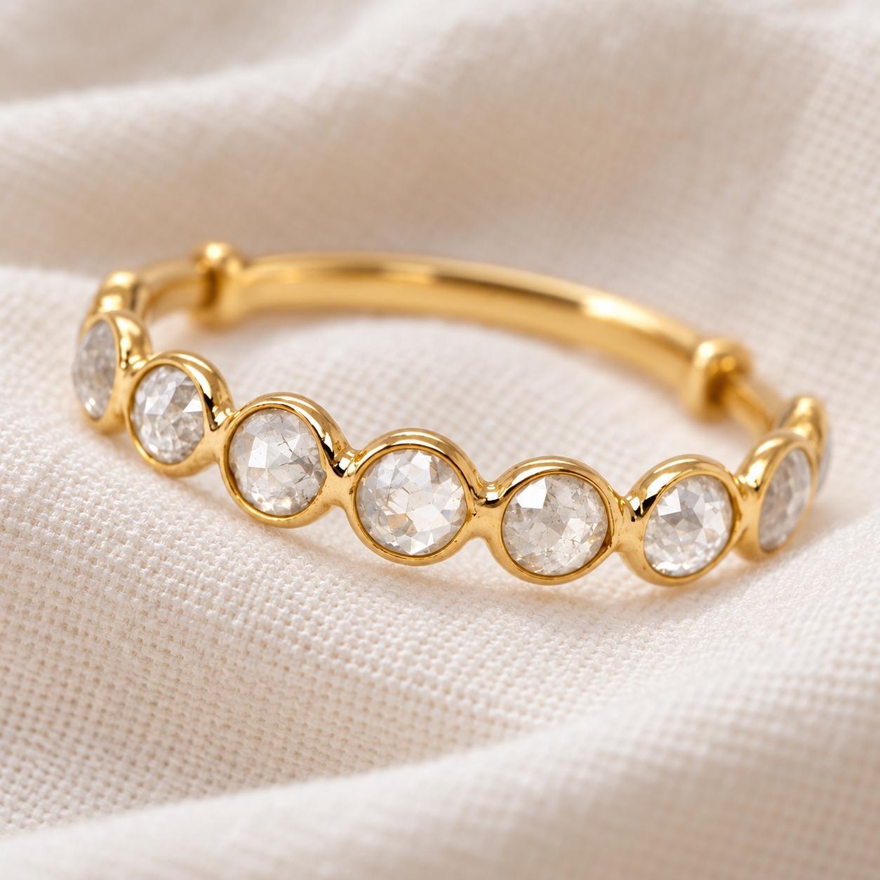 Icy Gray Adjustable Diamond Ring 18k Gold, Stackable Half Eternity Band, Rose Cut Diamond Ring, April Birthstone, Promise Ring, Wedding Ring, detail view