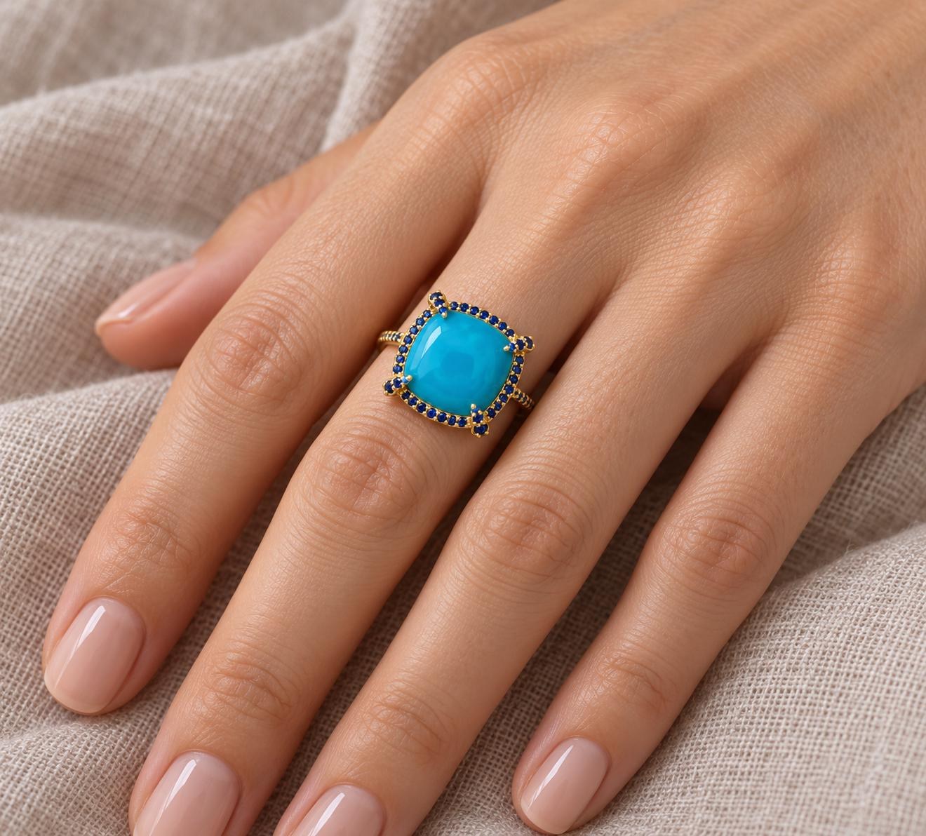 Turquoise Statement Ring with Sapphire Halo 14kt Gold Ring, December Birthstone, worn view