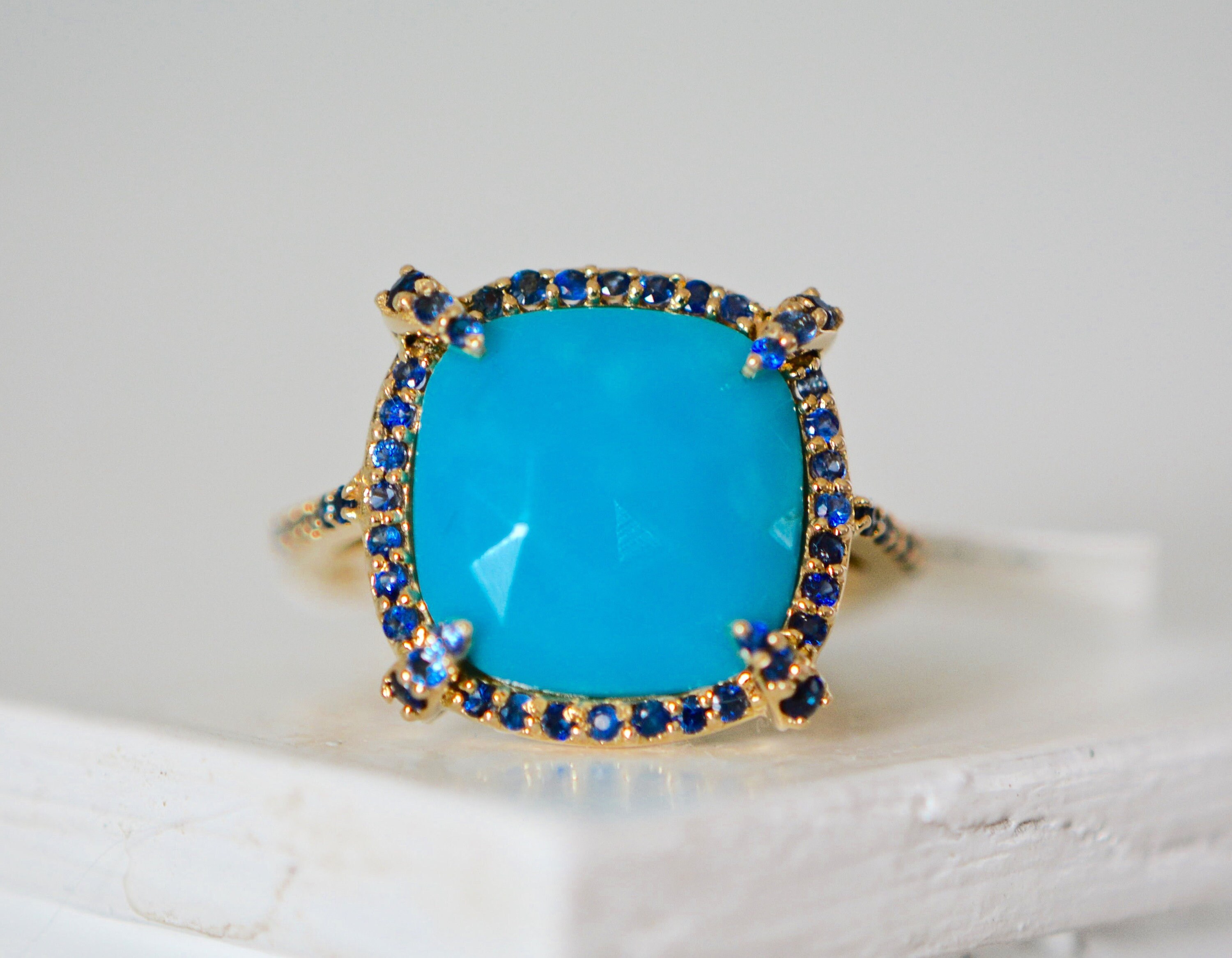 Turquoise Statement Ring with Sapphire Halo 14kt Gold Ring, December Birthstone, detail view