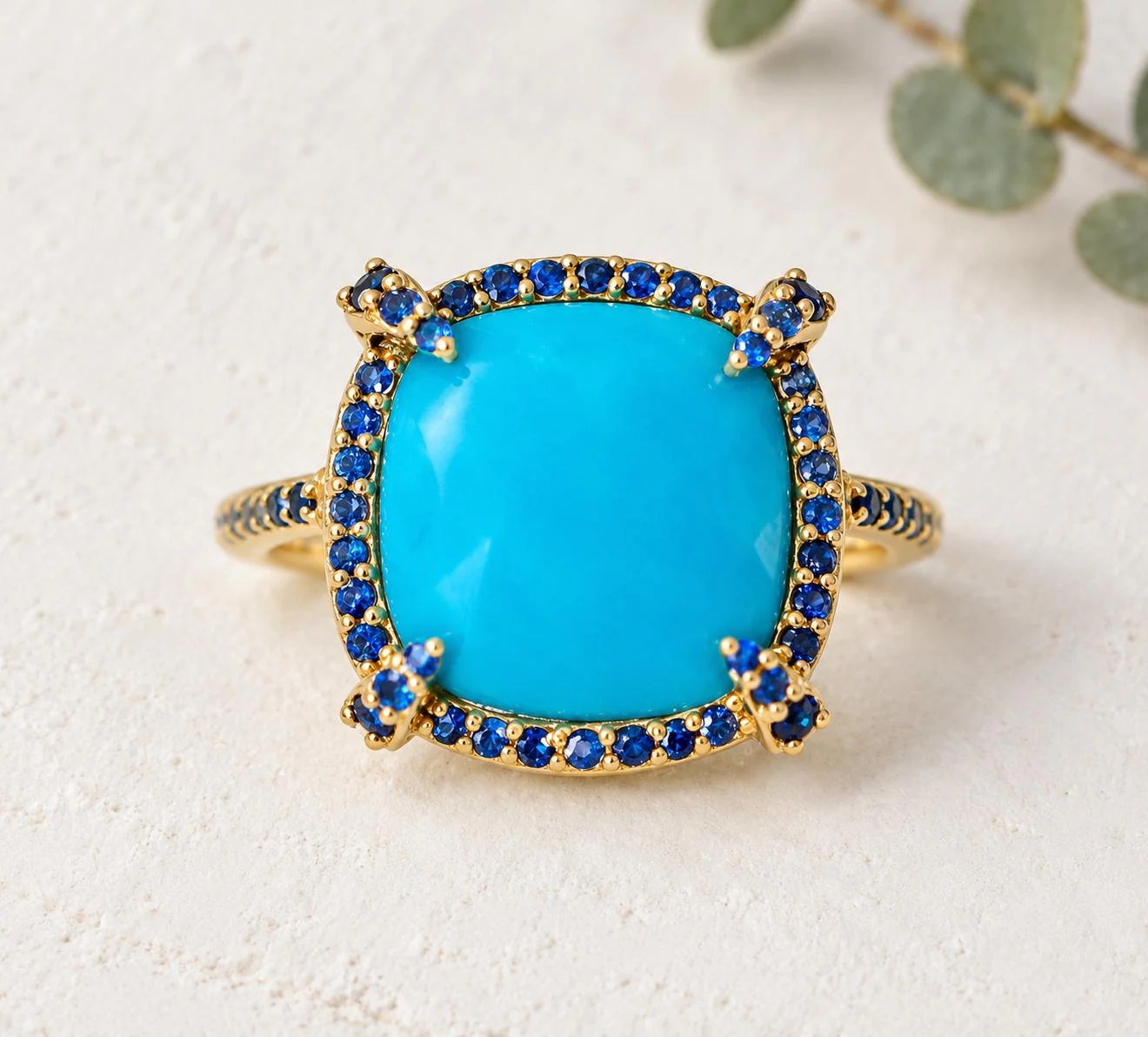 Turquoise Statement Ring with Sapphire Halo 14kt Gold Ring, December Birthstone