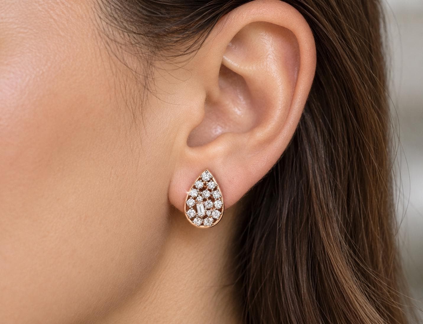 Diamond Teardrop Stud Earrings 14kt Gold, April Birthstone, worn view