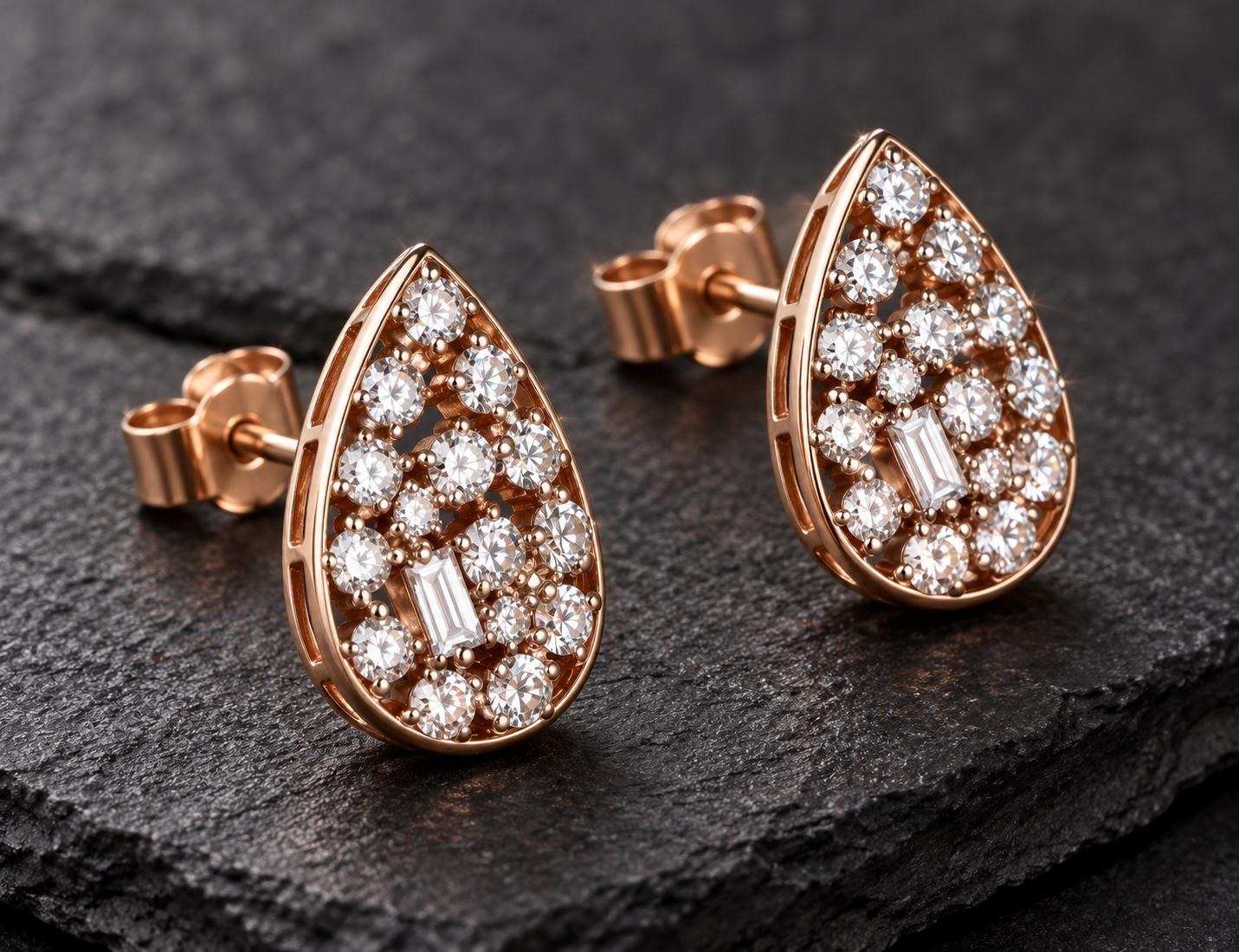 Diamond Teardrop Stud Earrings 14kt Gold, April Birthstone, detail view