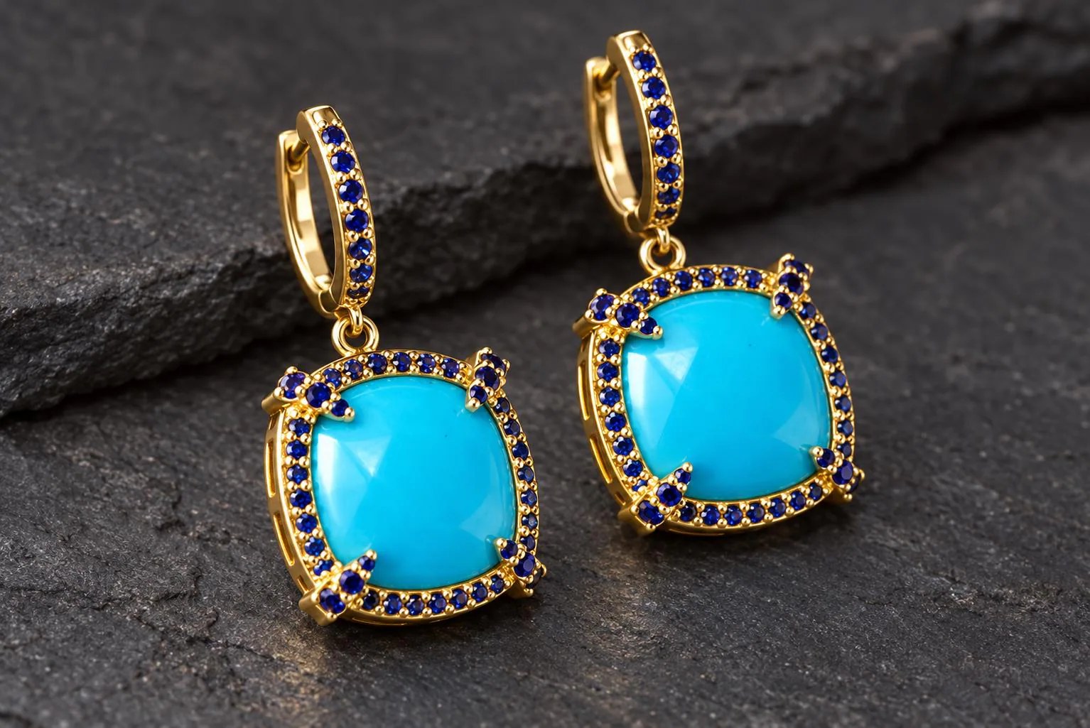 Turquoise with Sapphire Halo 14k Gold Dangly Earrings, December Birthstone, detail view