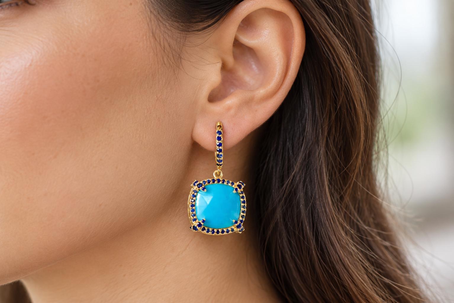 Turquoise with Sapphire Halo 14k Gold Dangly Earrings, December Birthstone, worn view