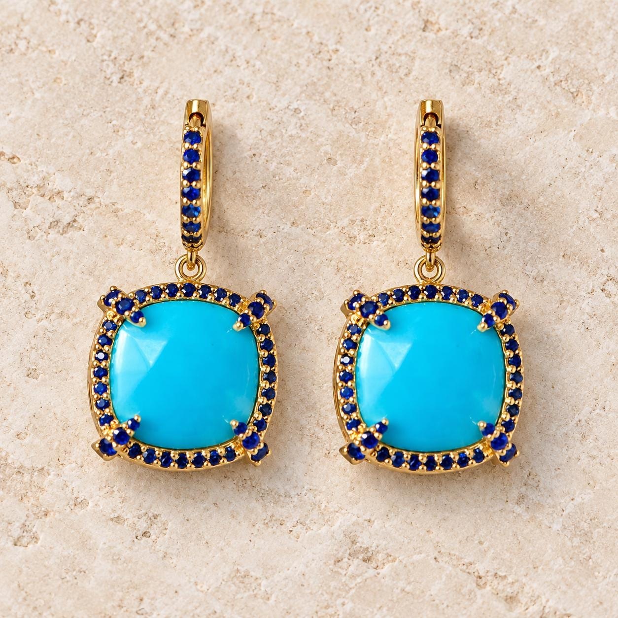 Turquoise with Sapphire Halo 14k Gold Dangly Earrings, December Birthstone