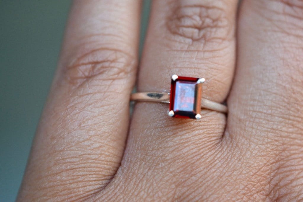 Garnet Ring Sterling Silver Ring Size 8.5, January Birthstone, worn view