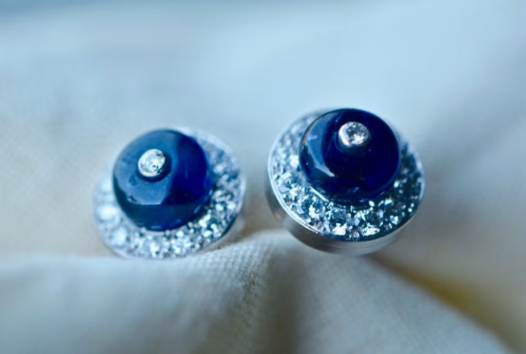 Sapphire Diamond Donut Halo 14k White Gold Earrings : 10th or 45th Anniversary Gift for Wife