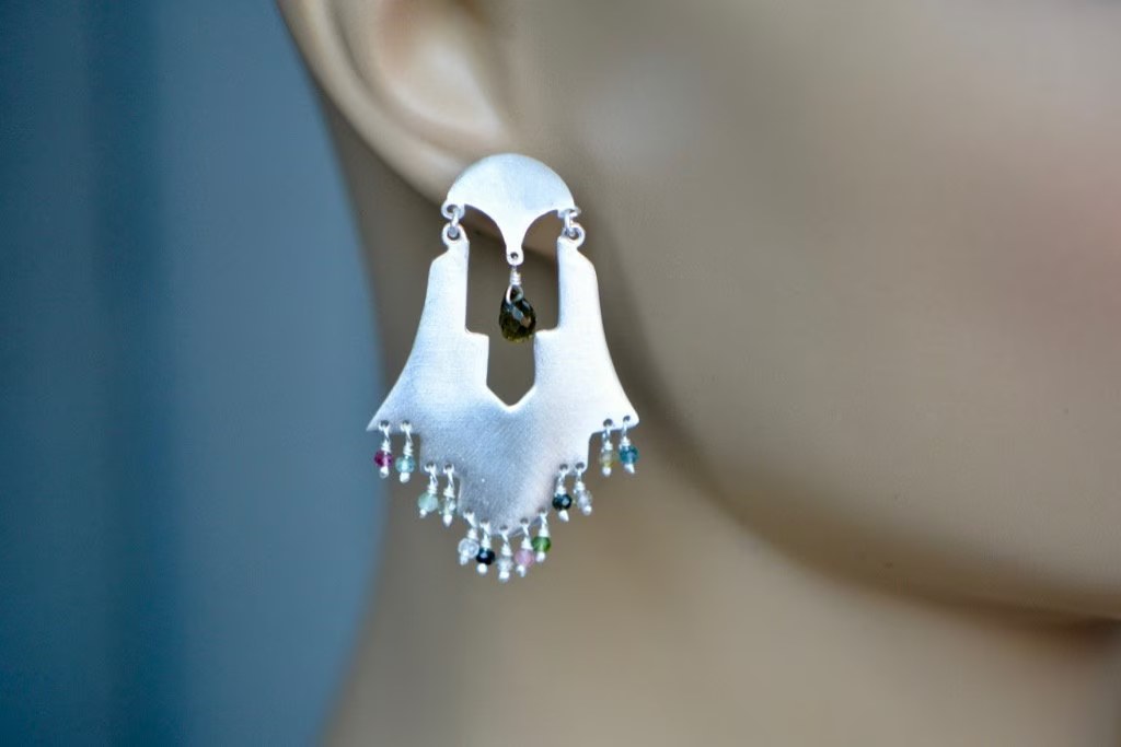 Tourmaline Sterling Silver Earrings,Large Statement Earrings, October Birthstone Jewelry, Gift for Girlfriend, Women Wife