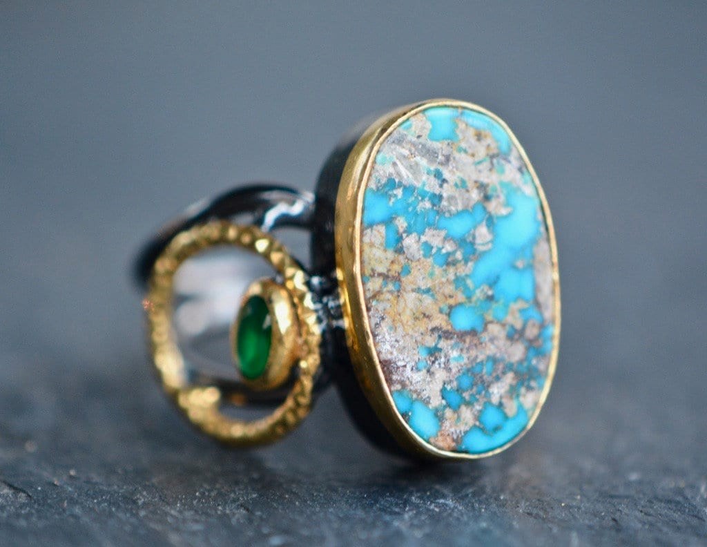 Turquoise Oxidized Sterling Silver Statement Ring, Size 8.5, detail view