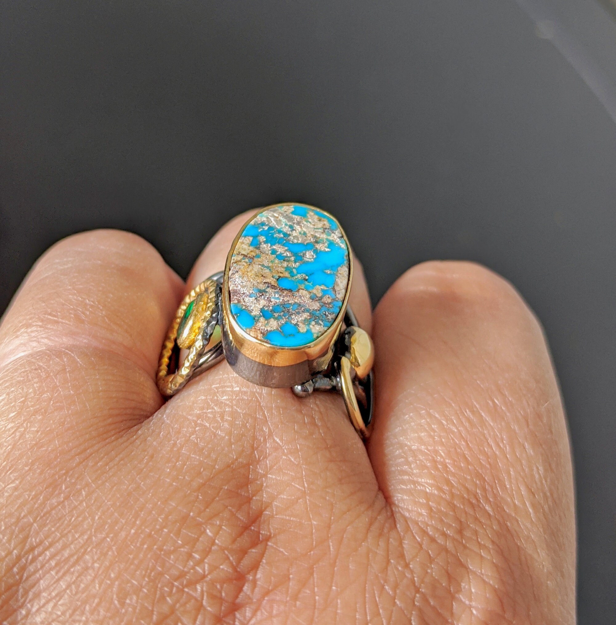 Turquoise Oxidized Sterling Silver Statement Ring, Size 8.5, worn view