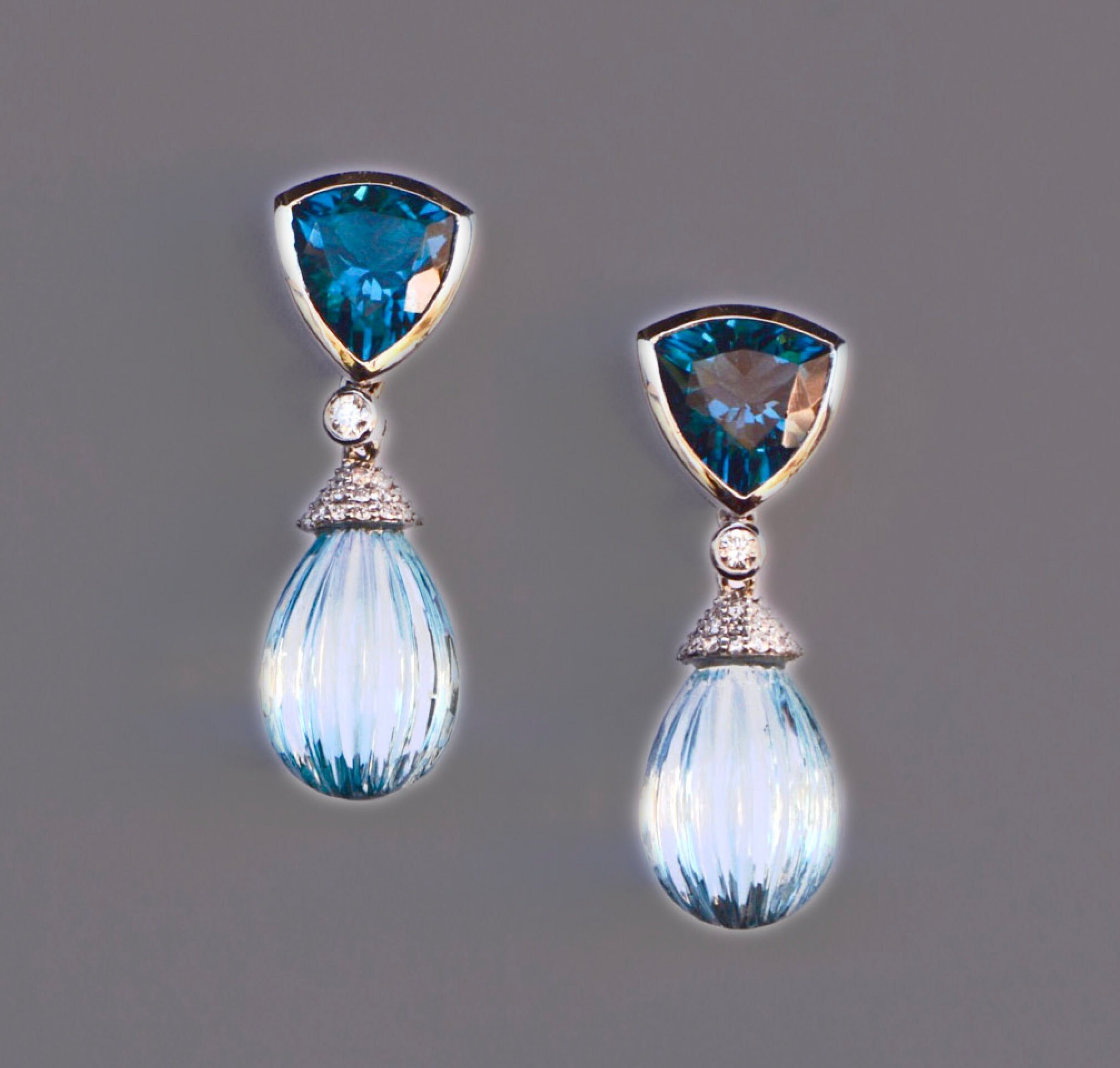 Swiss Blue Topaz Carved & London Topaz Earrings 14k White Gold Dangly Earrings for Women: December Birthstone