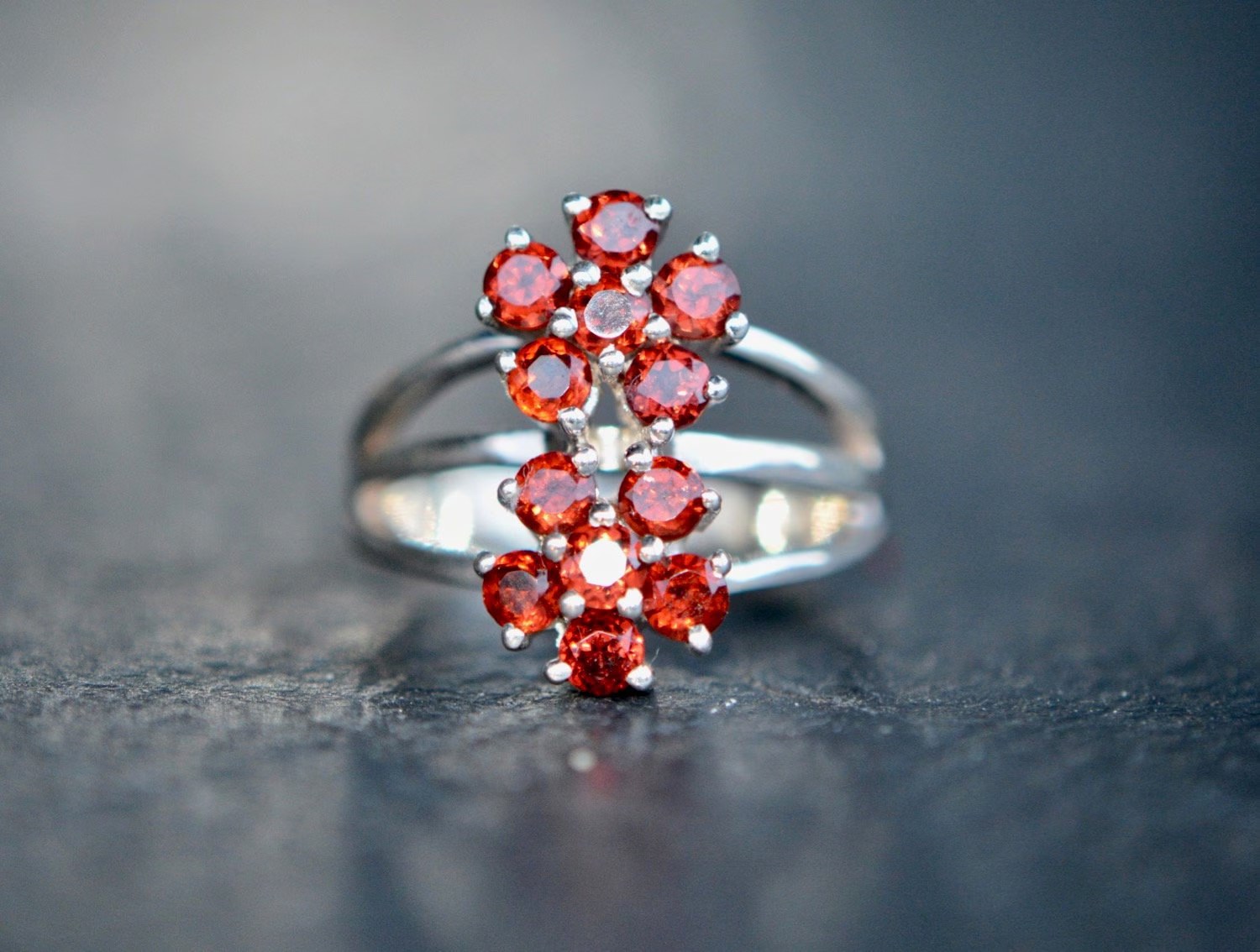 Garnet Red Floral Statement Ring Sterling Silver Size 7 : January Birthstone Jewelry