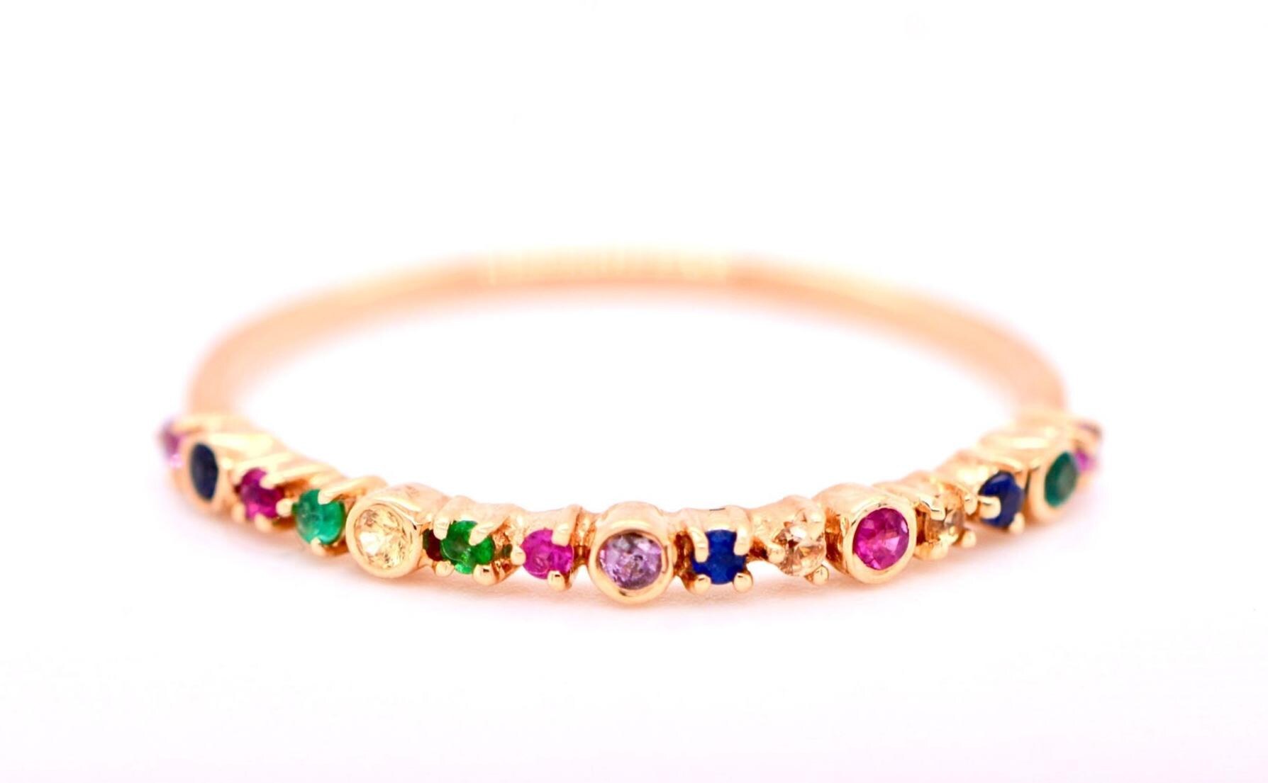 Sapphire Multi Minimalist 14k Gold Ring: Rainbow Gemstone Band, Size 7