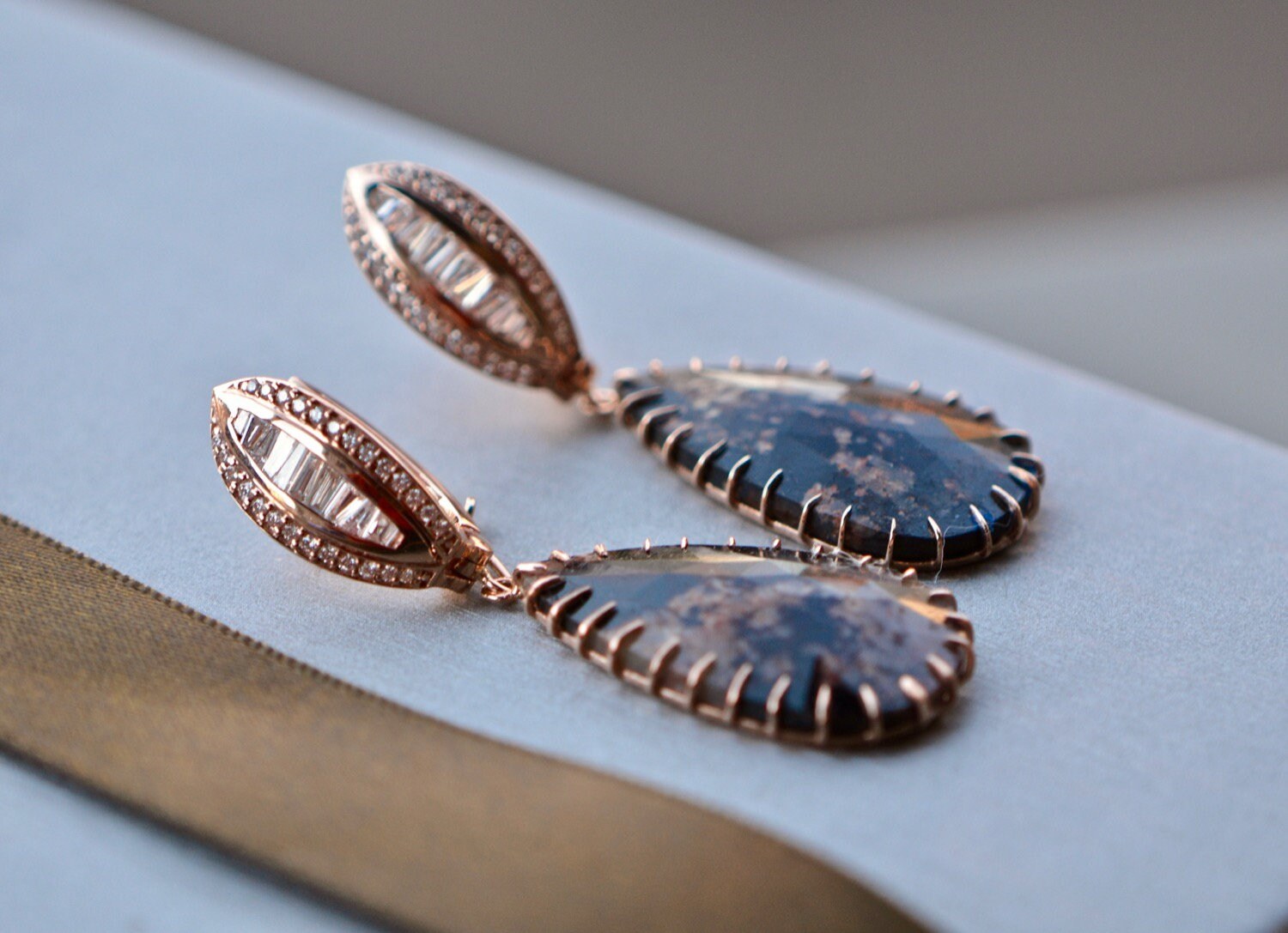 14k Rose Gold Diamond Sapphire Earrings, Statement Earrings, Unique Gift, One of a Kind Gemstone Earrings, Gift for Women, Diamond Huggies