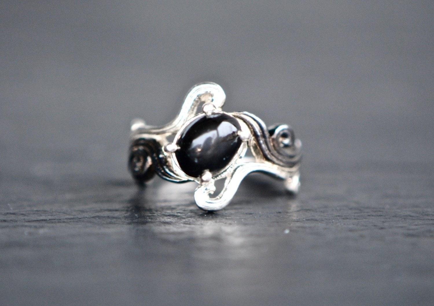 Star Black Onyx Sterling Silver Ring, Size 6, detail view