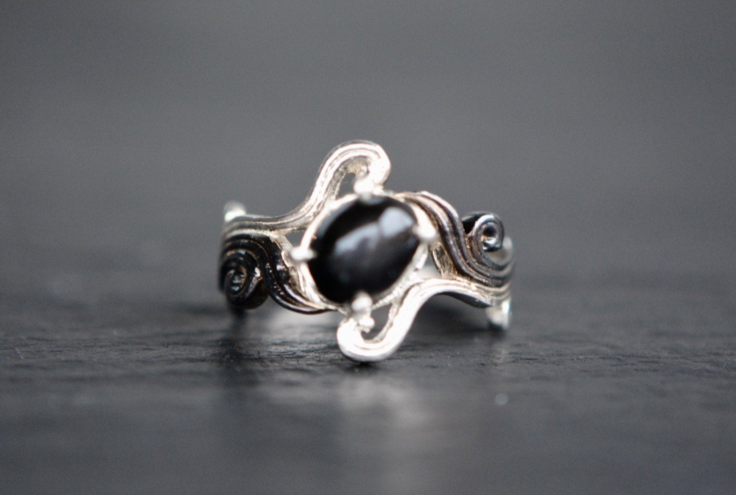 Star Black Onyx Sterling Silver Ring, Size 6, detail view