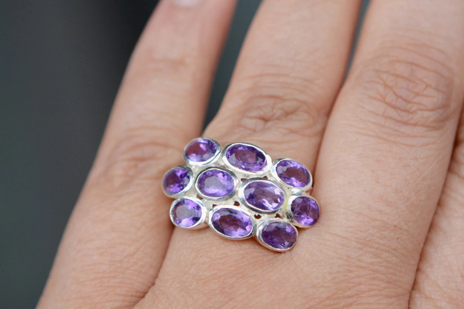 Amethyst Statement Ring Sterling Silver Size 7, February Birthstone, worn view
