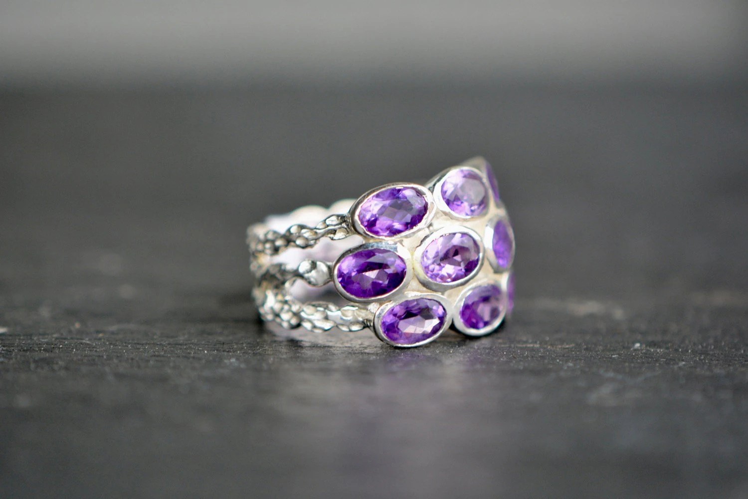 Amethyst Statement Ring Sterling Silver Size 7, February Birthstone, detail view