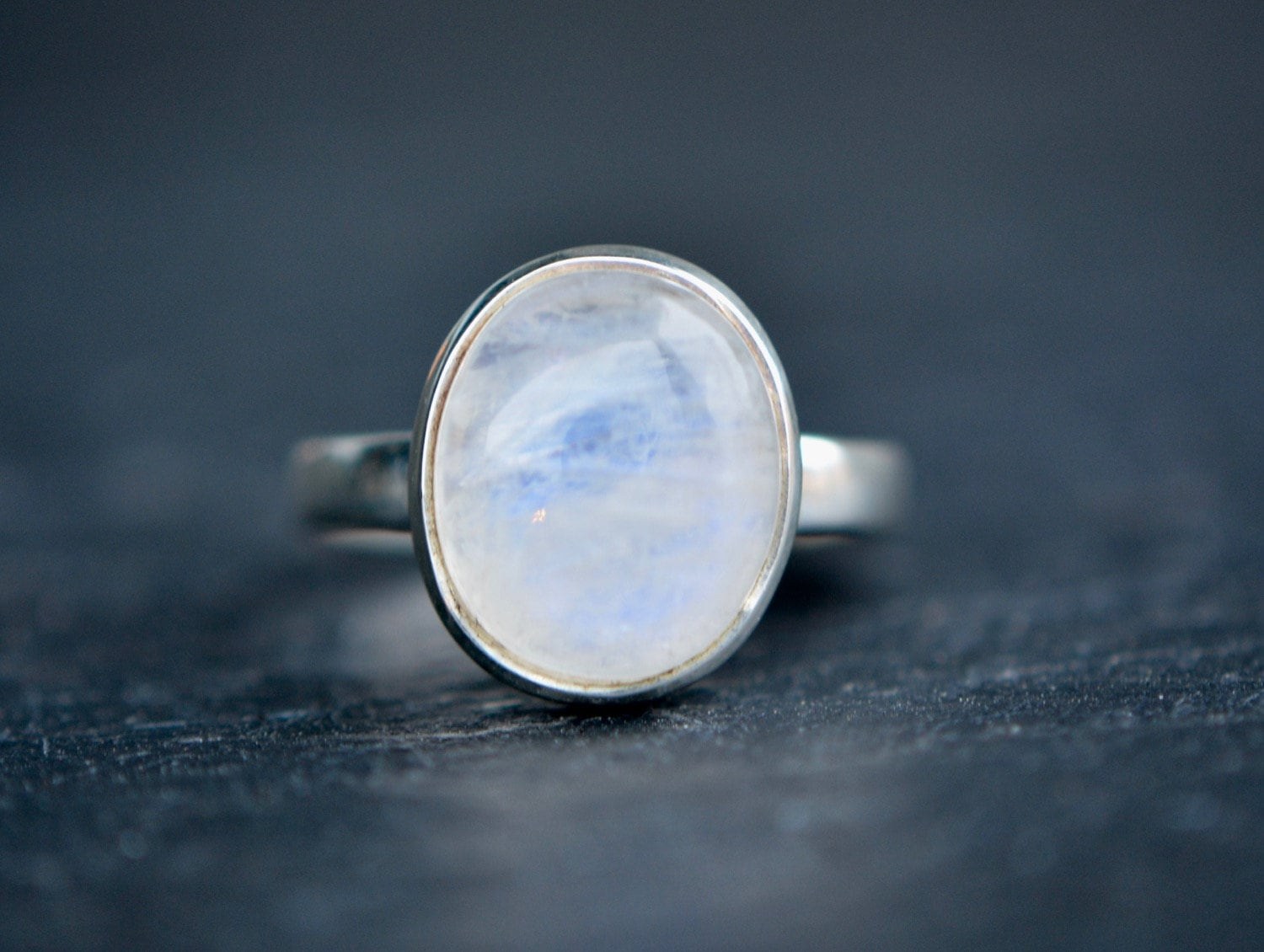 Oval Moonstone Cabochon Ring Sterling Silver Size 6, June Birthstone, detail view