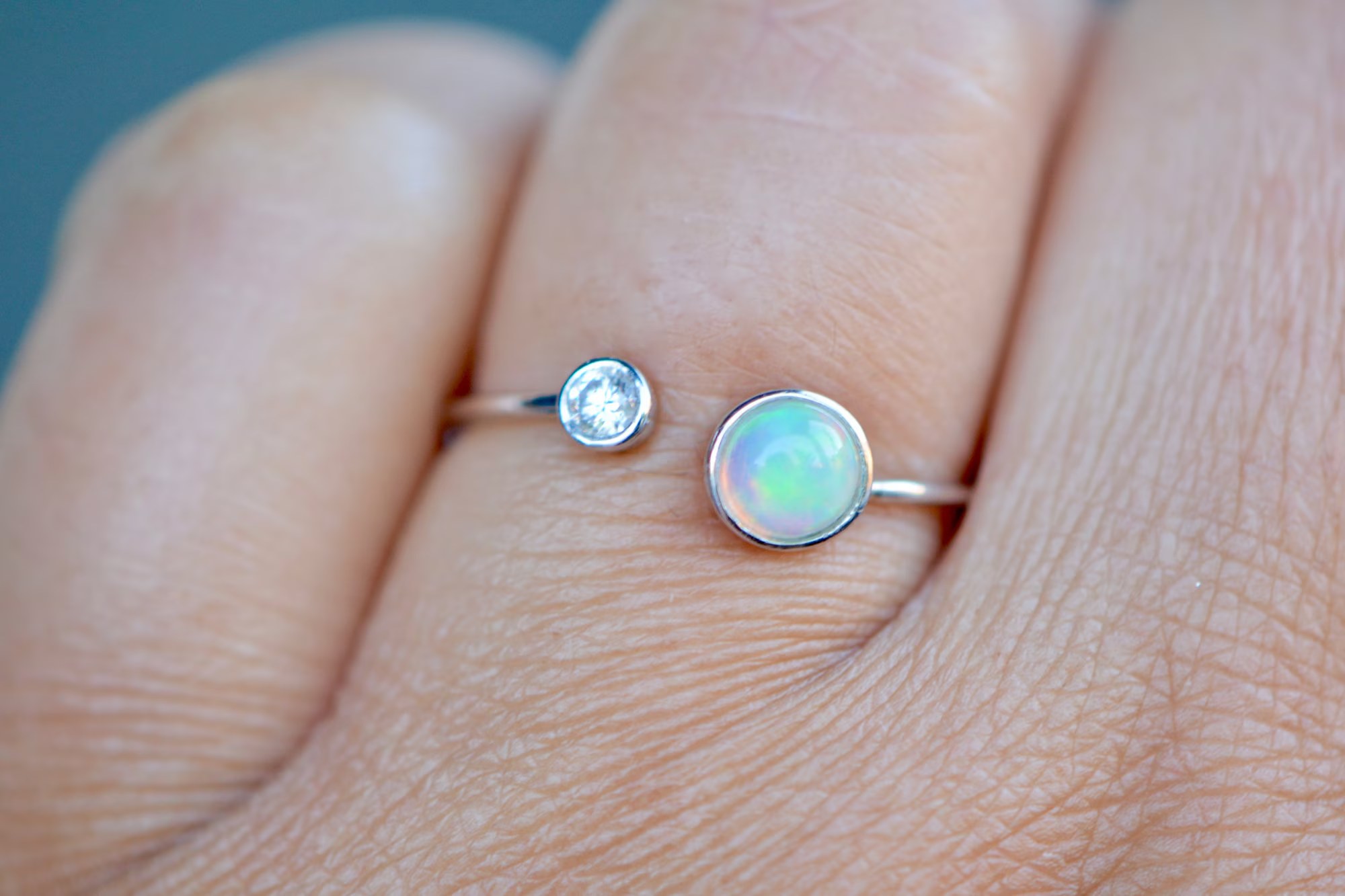 Opal Diamond Ring 14k White Gold :October Birthstone Minimalist Jewelry
