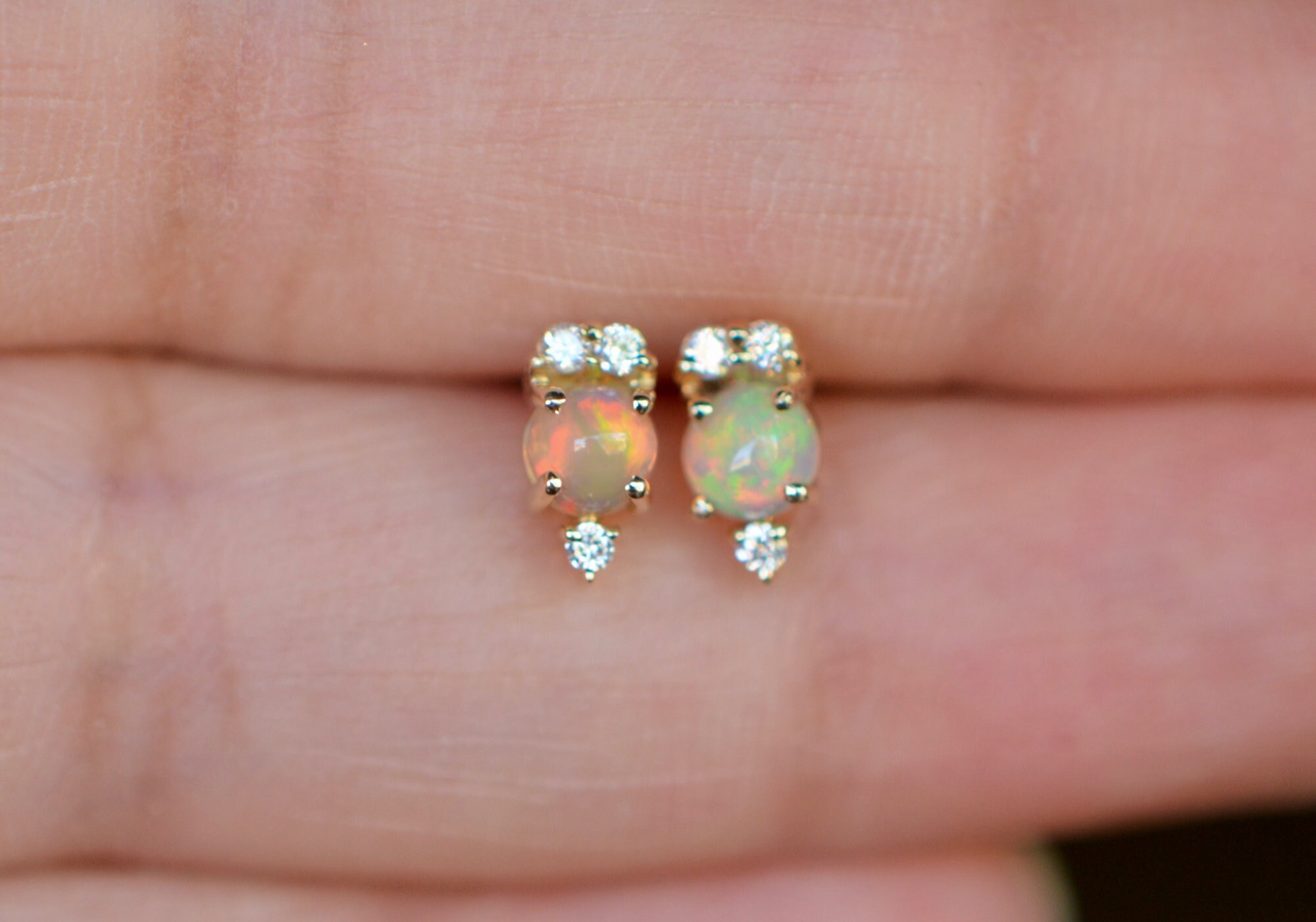 Genuine Opal Diamond Earrings, 14k Gold Ethiopian Opal Studs, October Birthstone Post Earring, Small Dainty Stud Earring, Minimalist Jewelry, detail view