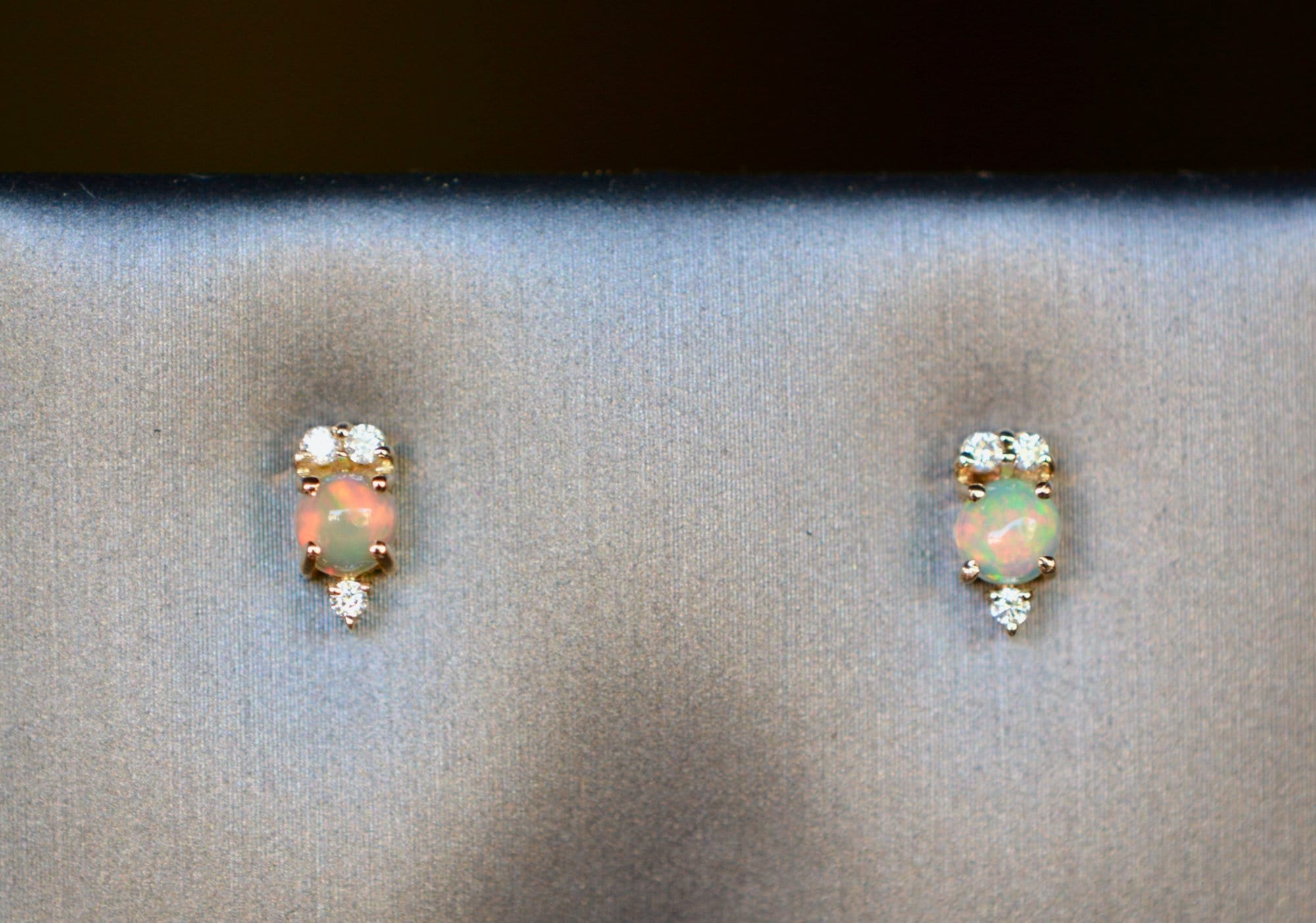 Genuine Opal Diamond Earrings, 14k Gold Ethiopian Opal Studs, October Birthstone Post Earring, Small Dainty Stud Earring, Minimalist Jewelry, detail view
