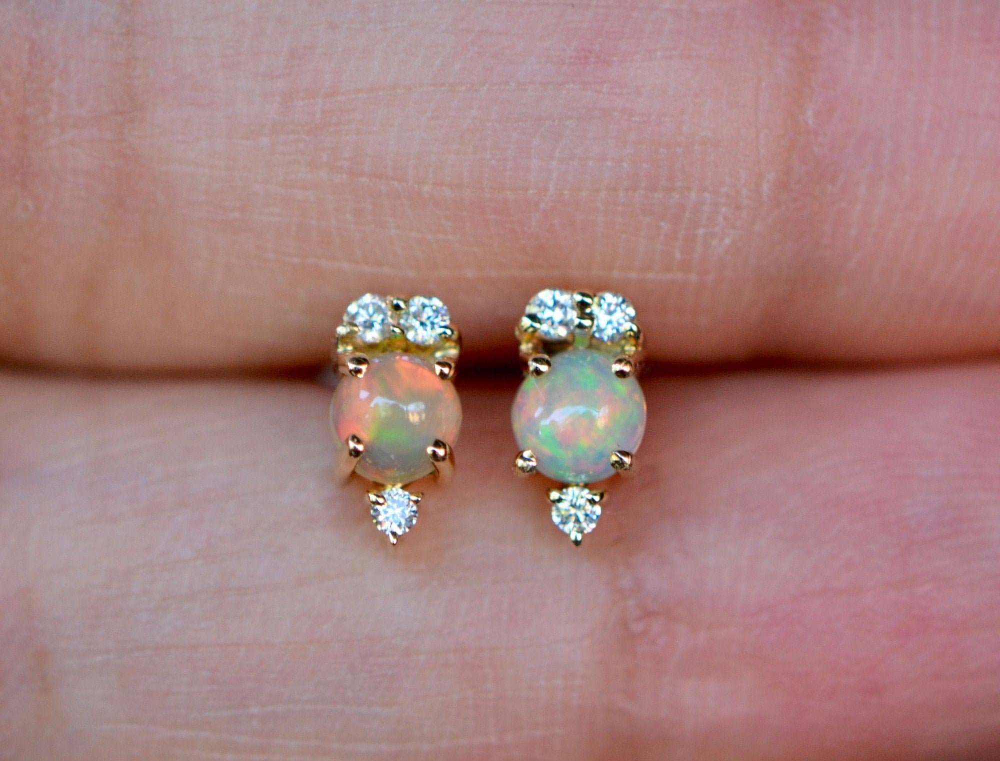 Genuine Opal Diamond Earrings, 14k Gold Ethiopian Opal Studs, October Birthstone Post Earring, Small Dainty Stud Earring, Minimalist Jewelry
