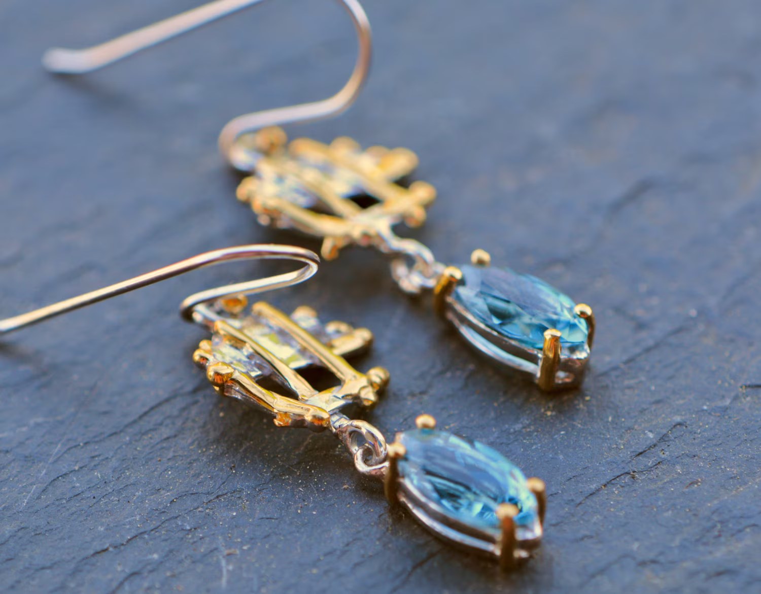 Blue Topaz Dangly Earrings in Sterling Silver with Gold Finish :December Birthstone Jewelry