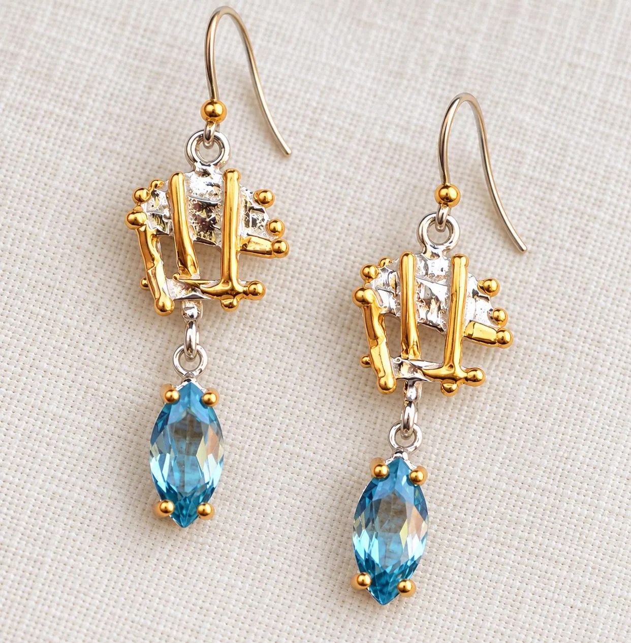 Blue Topaz Dangly Earrings in Sterling Silver with Gold Finish :December Birthstone Jewelry
