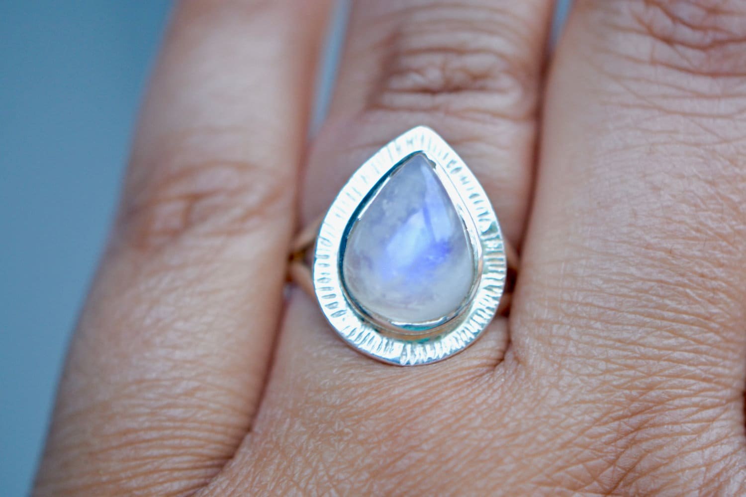 Teardrop Moonstone Statement Ring Sterling Silver Size 6.75, June Birthstone, worn view