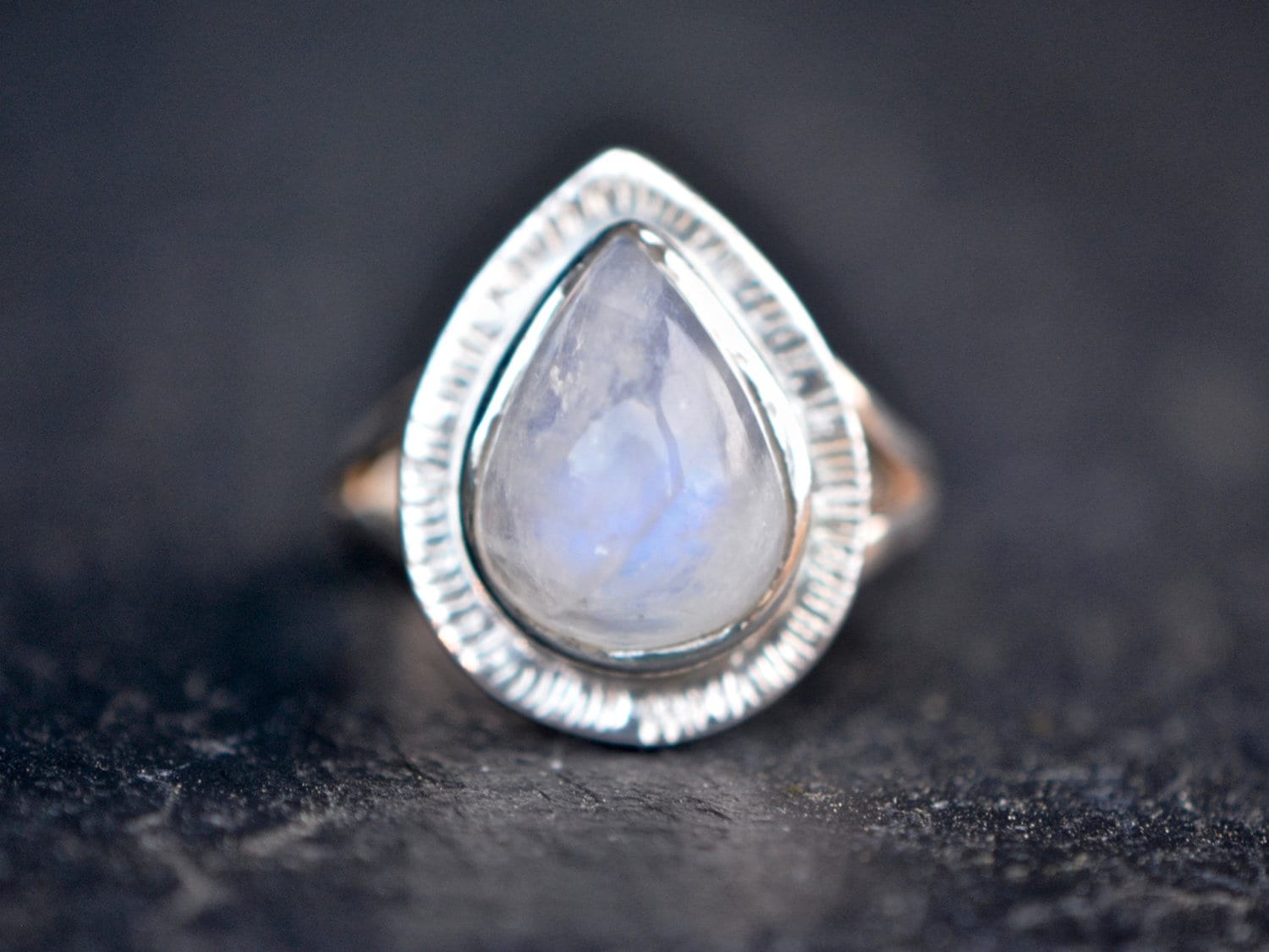 Teardrop Moonstone Statement Ring Sterling Silver Size 6.75, June Birthstone, detail view