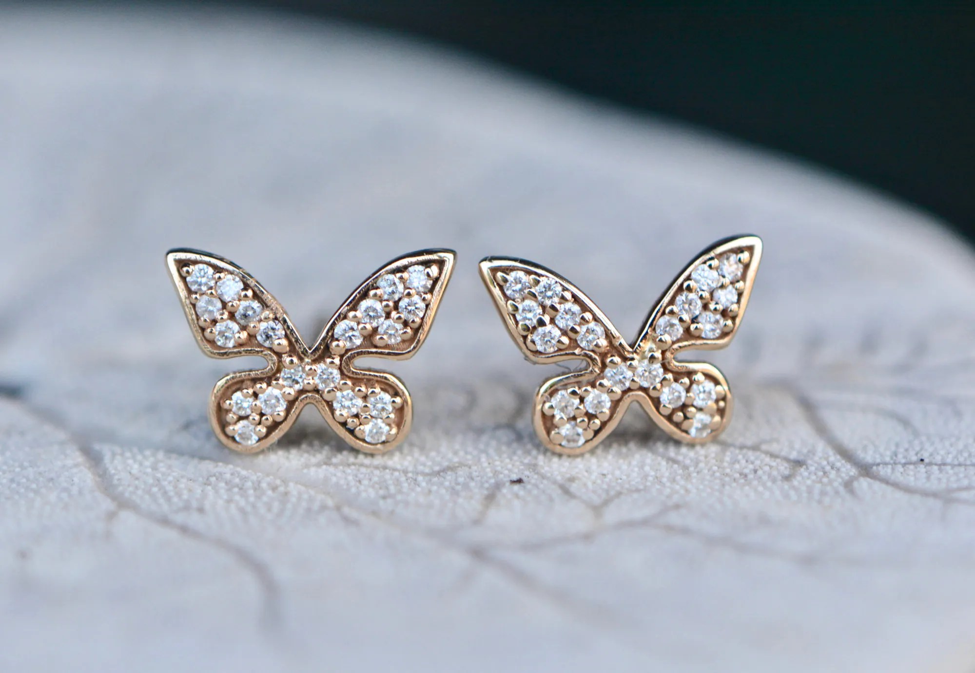 Butterfly Diamond 14k Gold Earrings, detail view