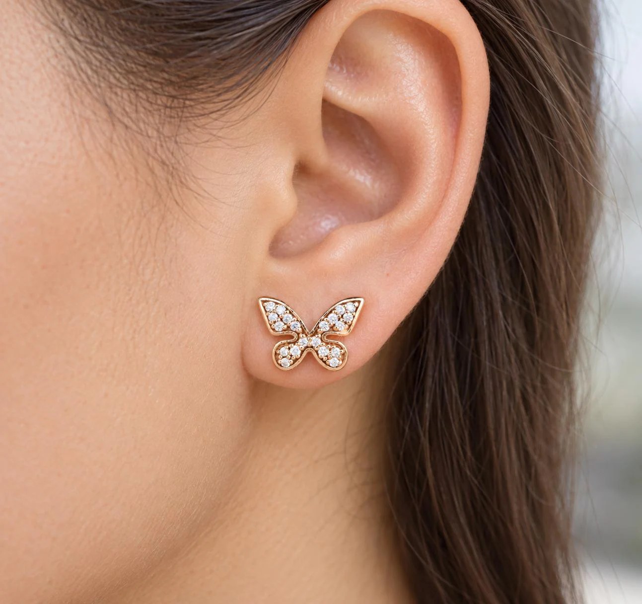 Butterfly Diamond 14k Gold Earrings, worn view