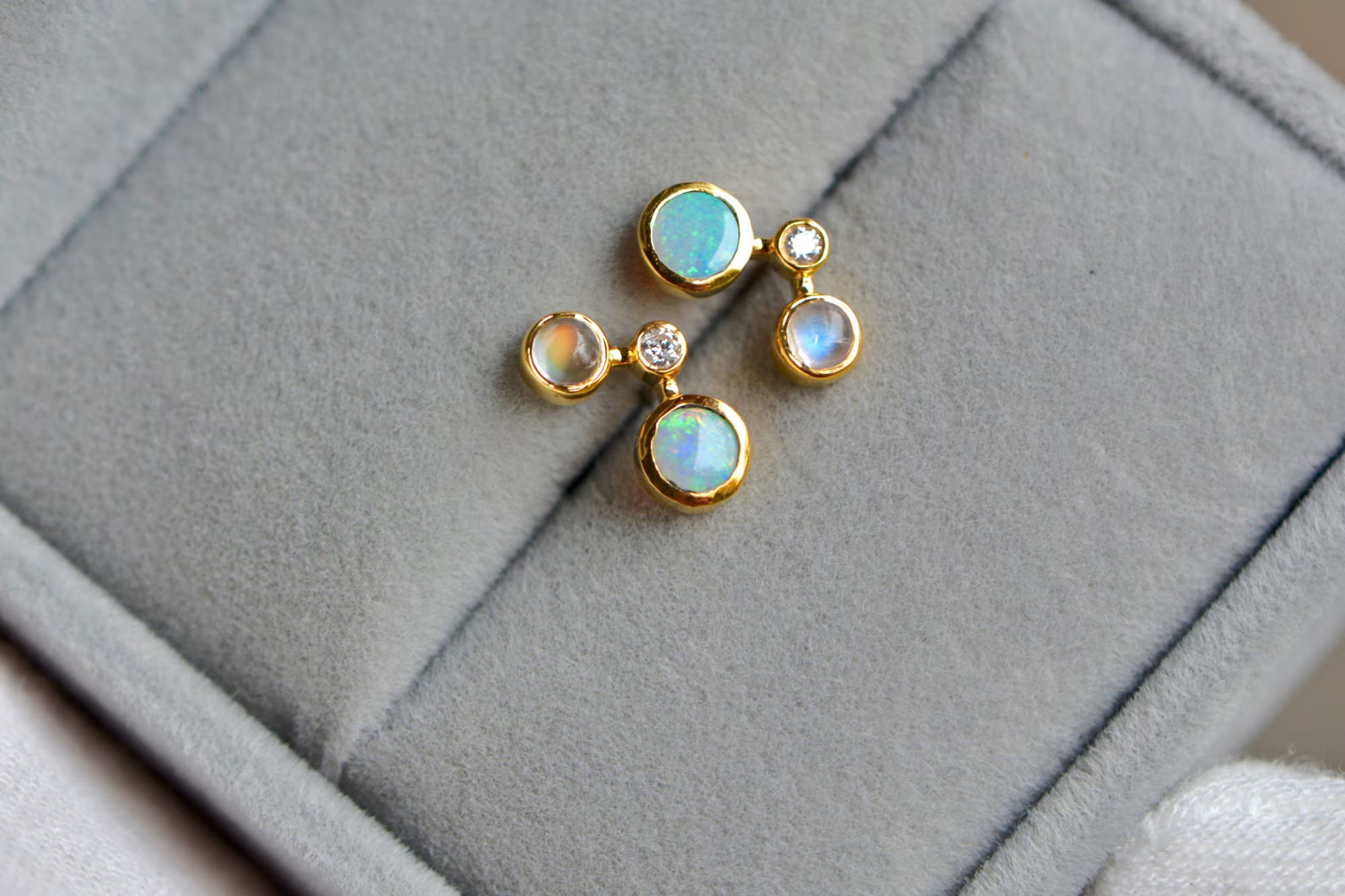 Opal & Moonstone with Natural Diamond Stud Earrings Solid 14 Gold: October June Birthstone Minimalist Jewelry