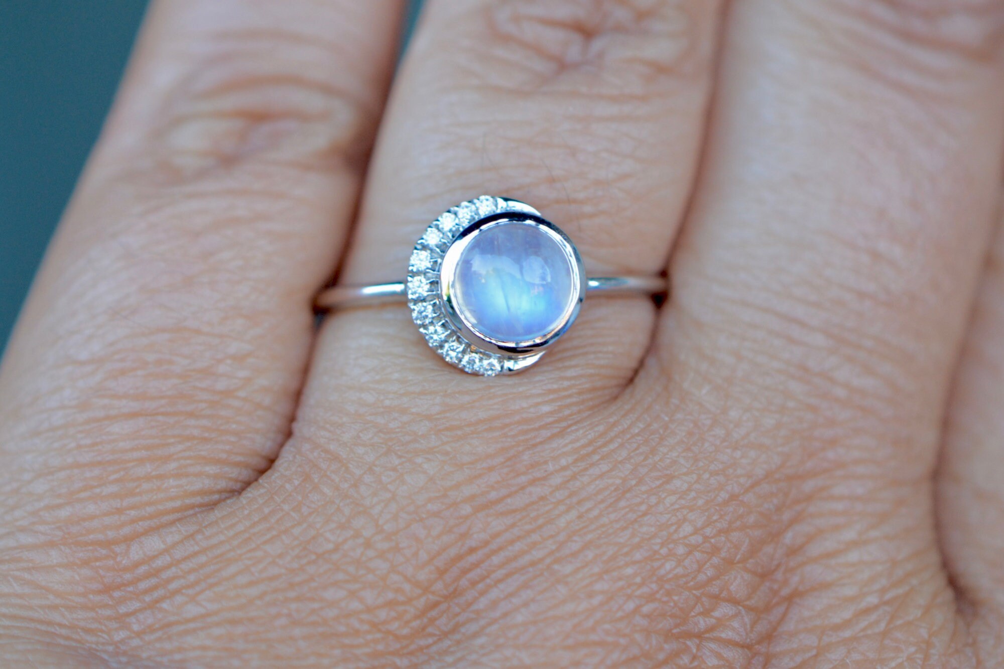 Blue Moonstone Crescent Moon Engagement Ring with Diamonds : June Birthstone Ring, worn view