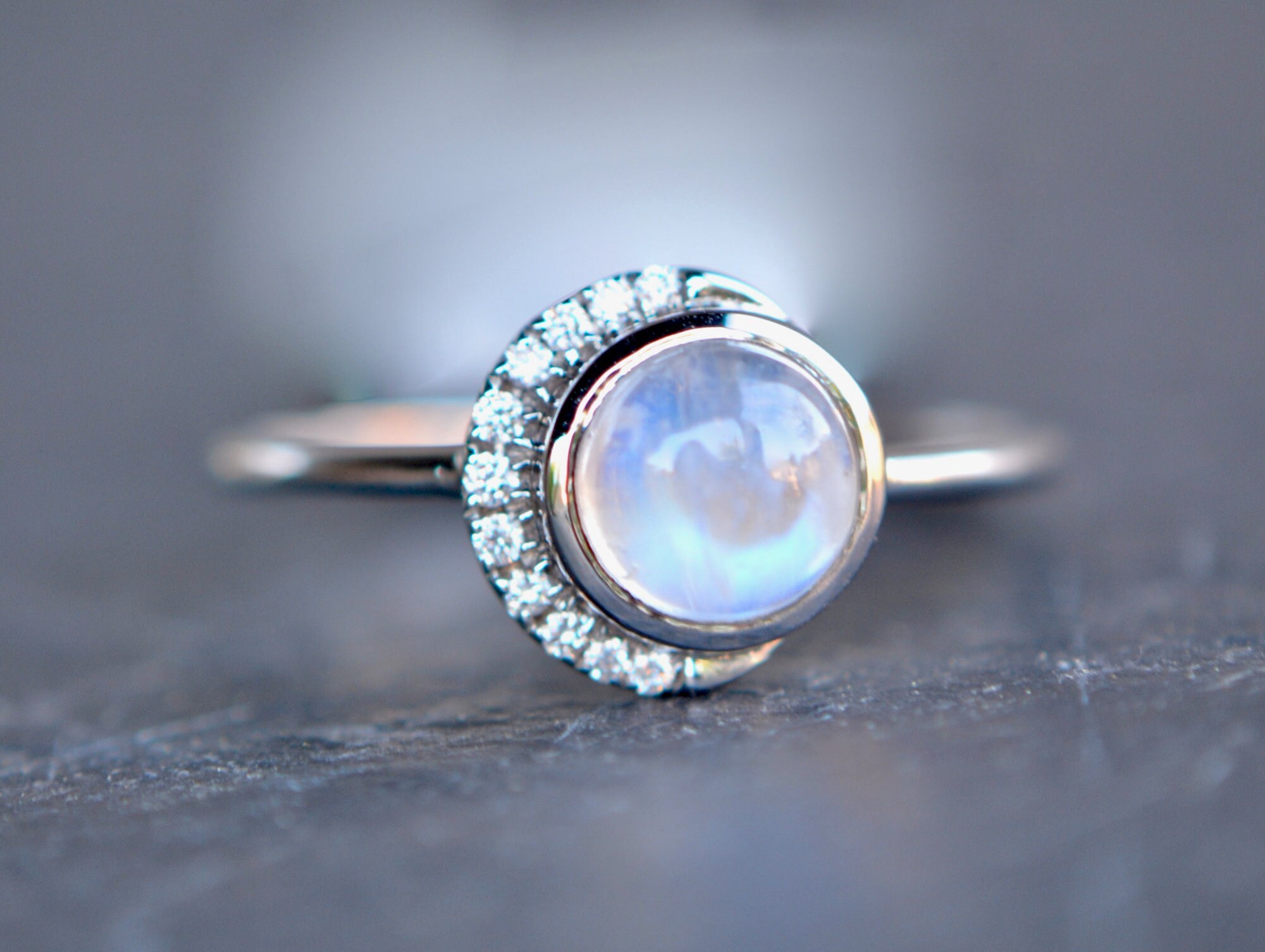 Blue Moonstone Crescent Moon Engagement Ring with Diamonds : June Birthstone Ring