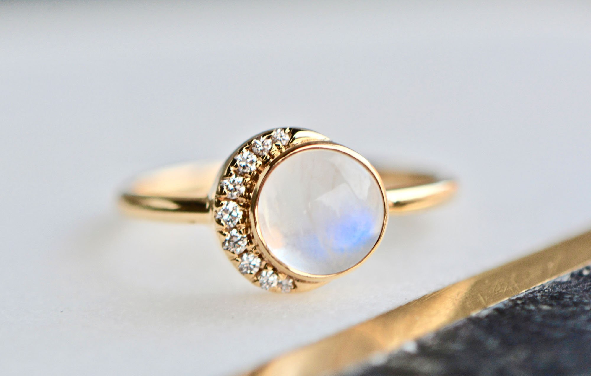 Blue Moonstone Crescent Moon Engagement Ring with Diamonds : June Birthstone Ring, detail view