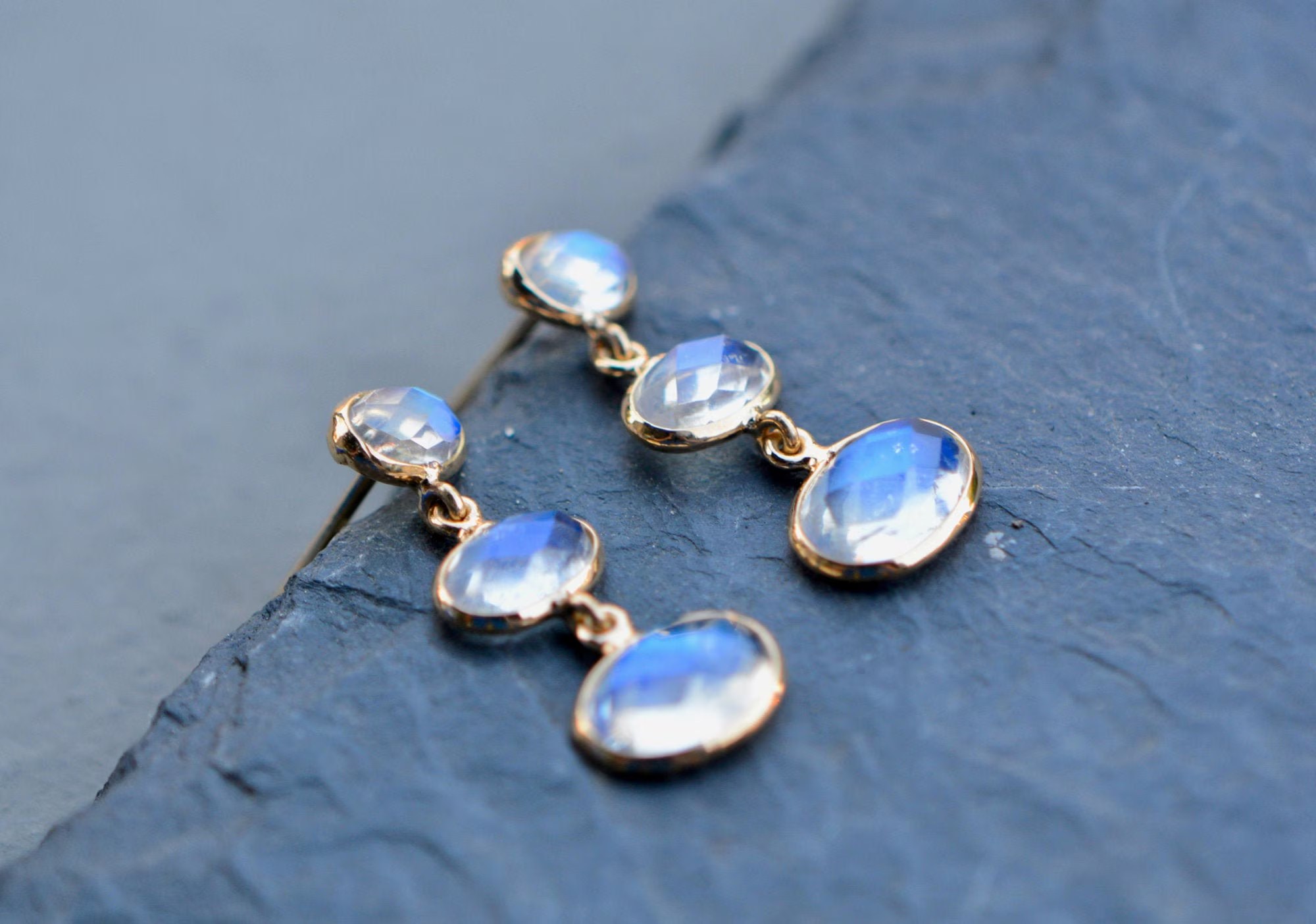 Blue Moonstone Oval Rosecut Solid 18kt Gold Dangly Earrings : June Birthstone Drops