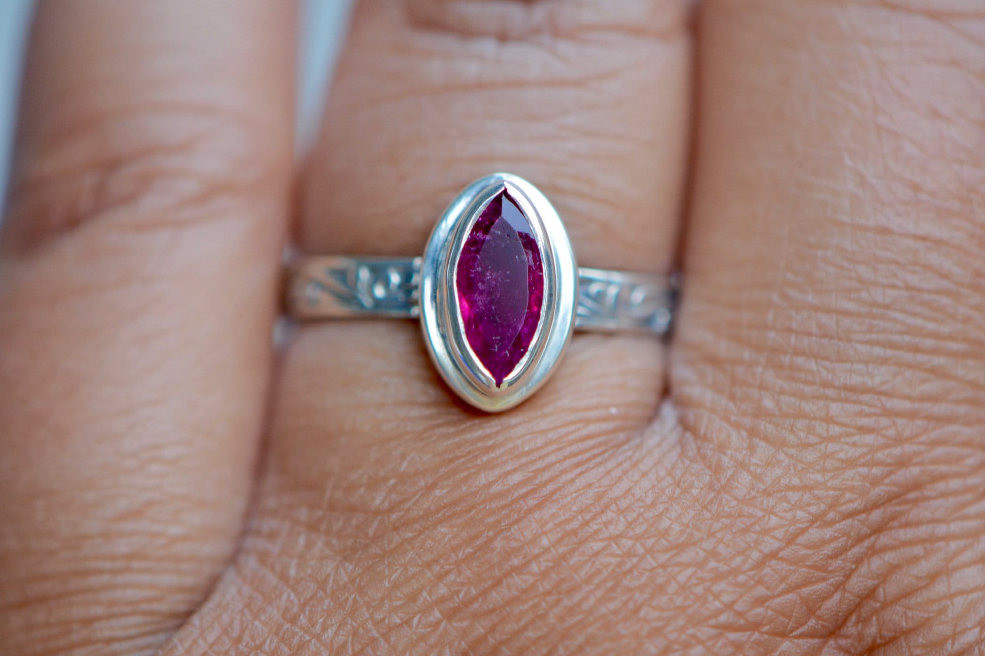Pink Tourmaline Marquise Sterling Silver Ring Size 7.75, October Birthstone, worn view