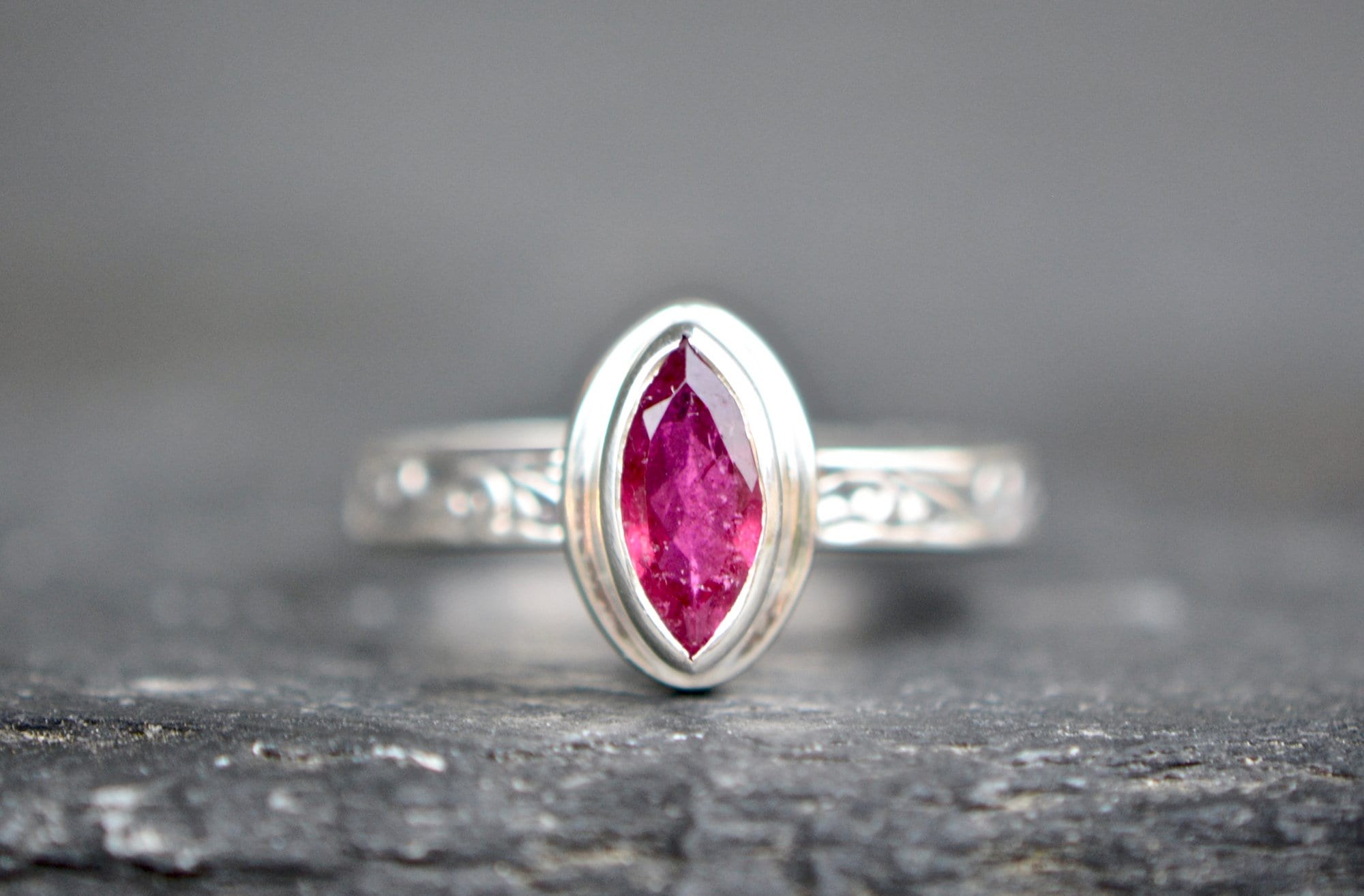 Pink Tourmaline Marquise Sterling Silver Ring Size 7.75, October Birthstone, detail view