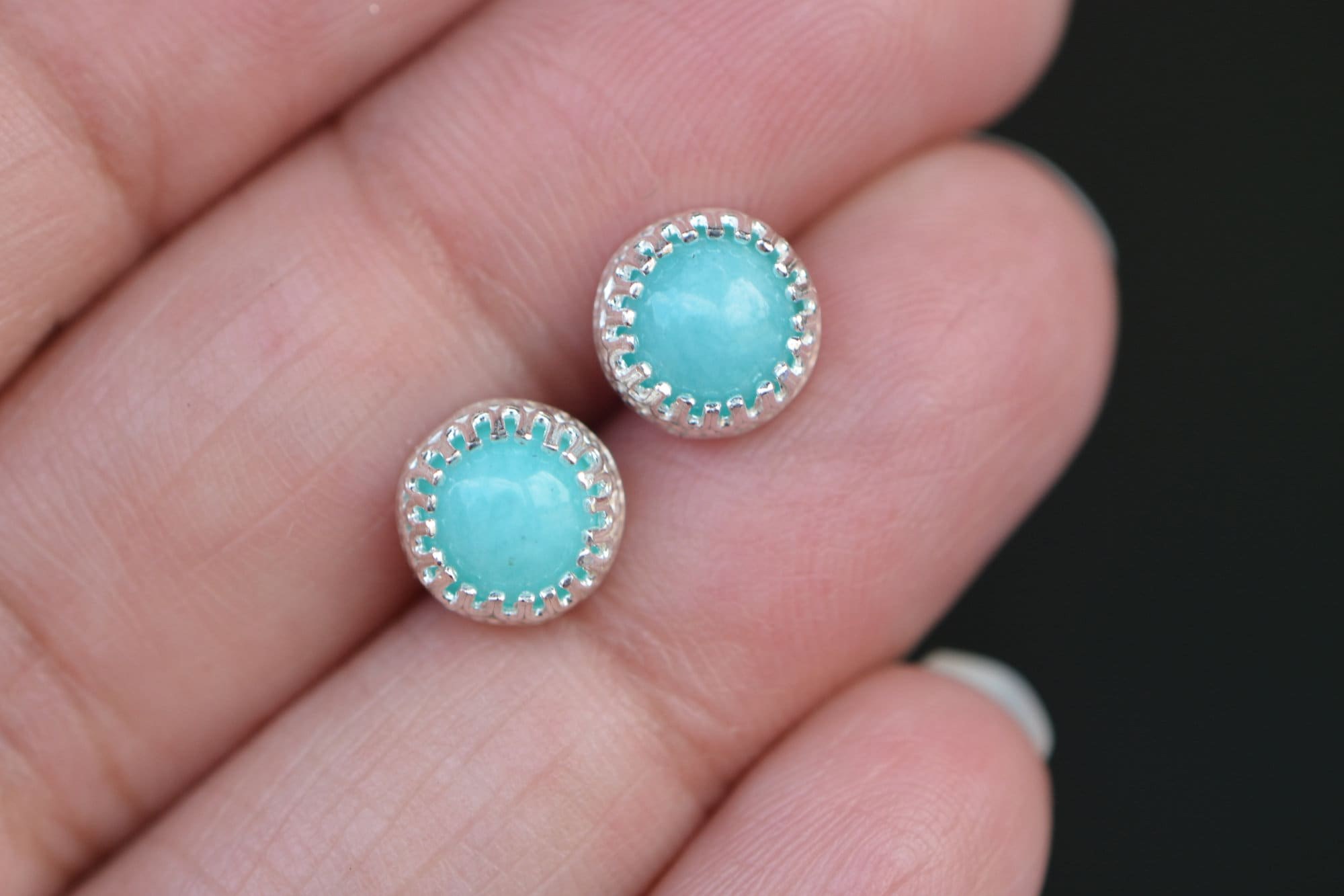 Amazonite Sterling Silver Stud Earrings, Aqua Blue Gemstone Earring, Round Stud, Girlfriend Gift, Something Blue, Women Gift, Earrings Girls, detail view