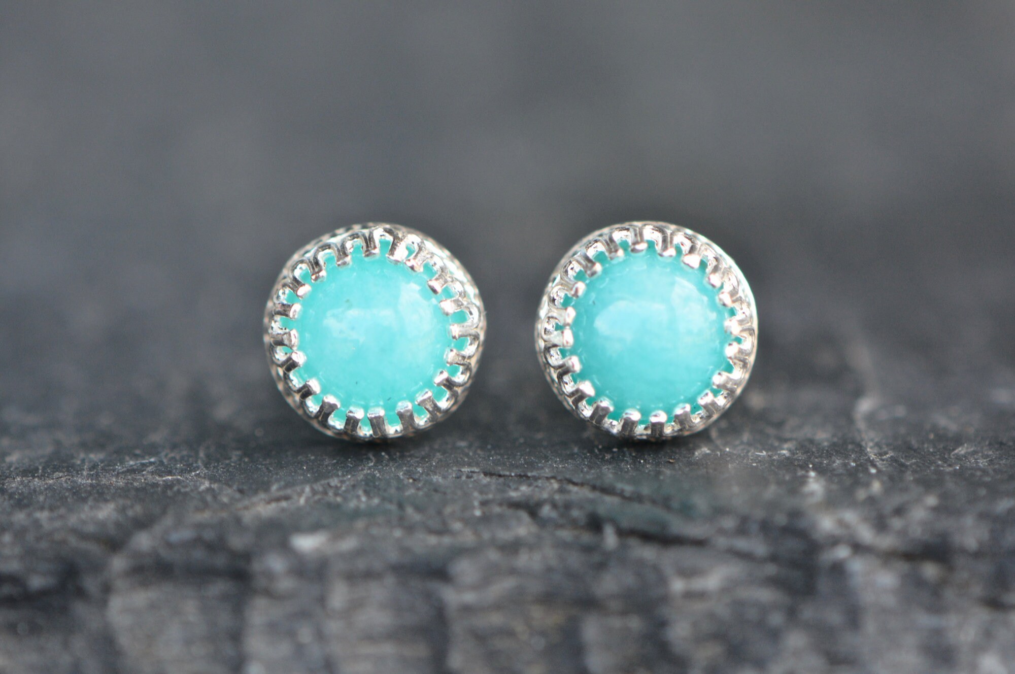 Amazonite Sterling Silver Stud Earrings, Aqua Blue Gemstone Earring, Round Stud, Girlfriend Gift, Something Blue, Women Gift, Earrings Girls, detail view