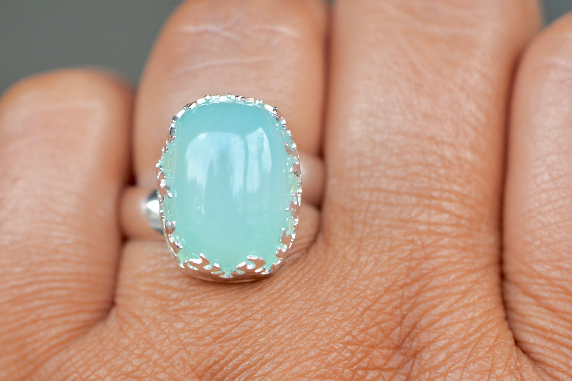 Aqua Chalcedony Ring, Size 8, Sterling Silver Jewelry, Blue Gemstone Ring, Statement Ring, Large Rings for Women, March Birthstone Ring, worn view